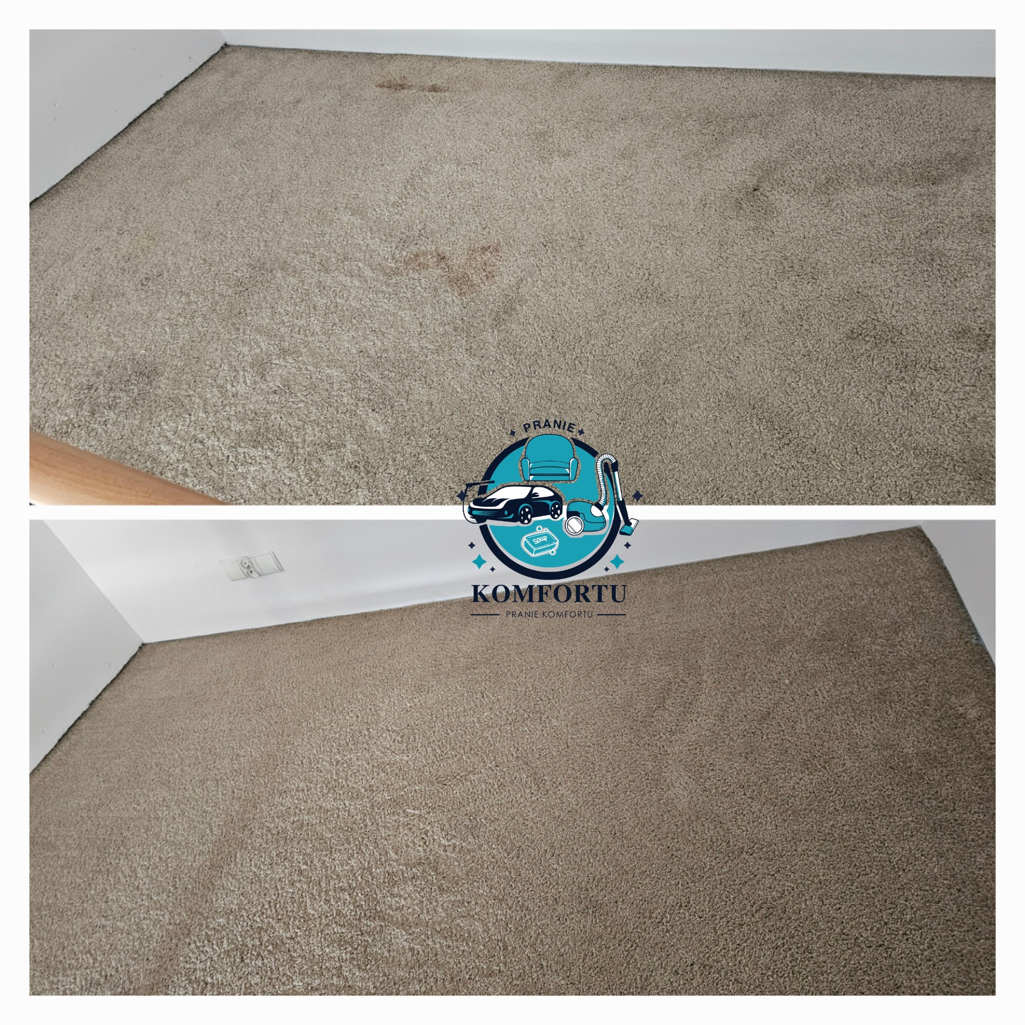 Beżowy dywan w rogu pokoju, widoczne plamy przed czyszczeniem i czysty dywan po czyszczeniu, z naklejonym w środku logotypem firmy.