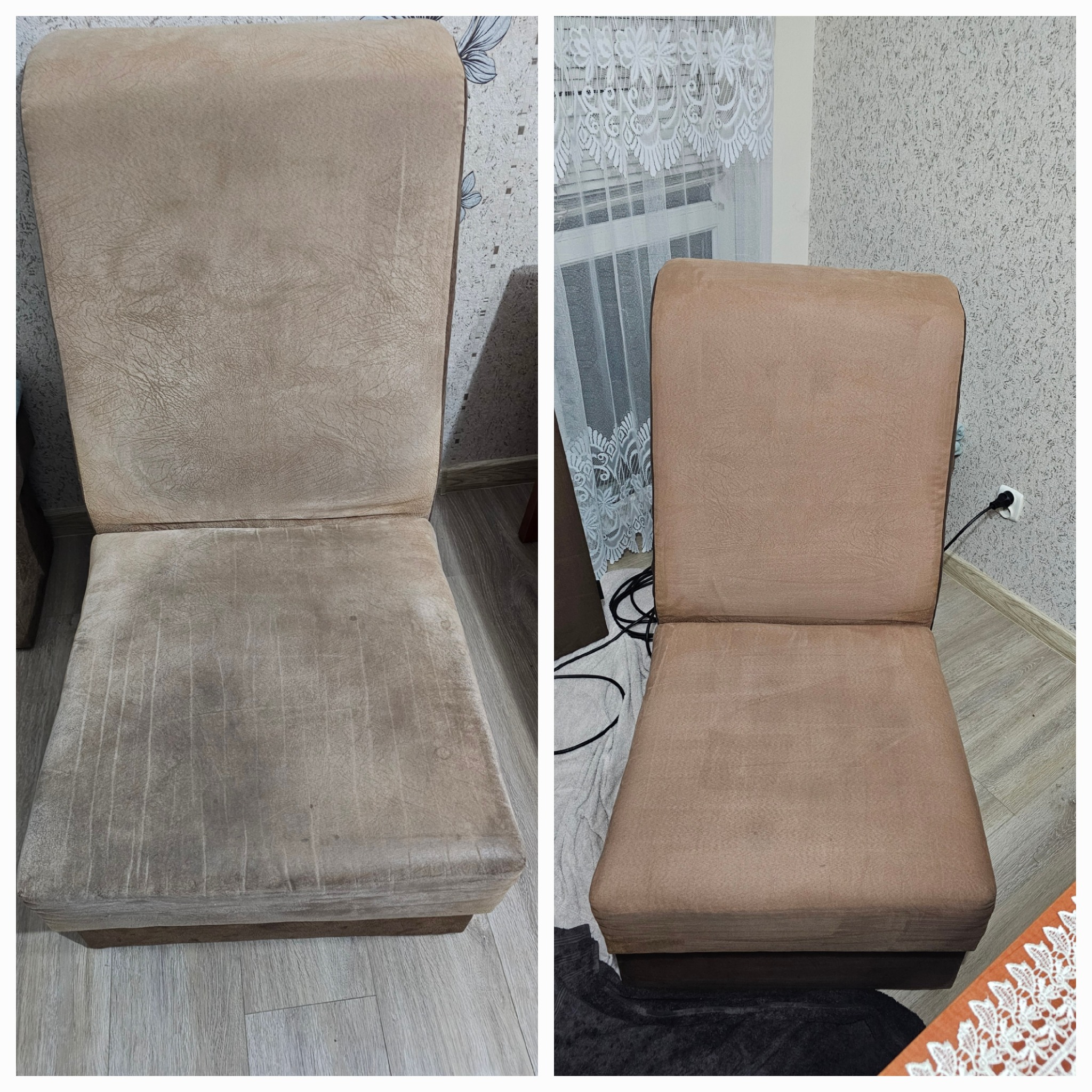 Krzesło tapicerowane z widoczną różnicą przed i po czyszczeniu, po lewej stronie zabrudzone, po prawej świeżo wyczyszczone, ukazujące efekt usługi.