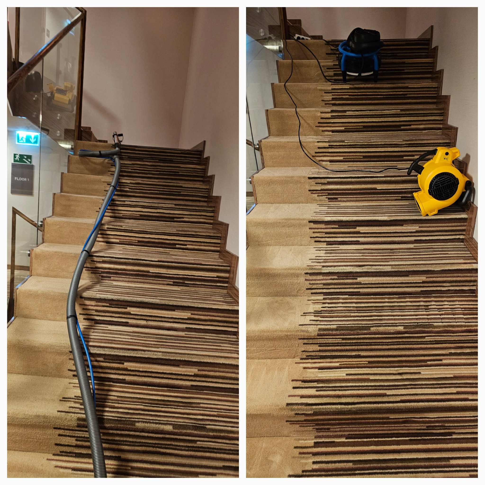 Schody pokryte beżową wykładziną w trakcie czyszczenia; na schodach widoczny odkurzacz piorący z rurą oraz żółta dmuchawa do suszenia wykładziny.