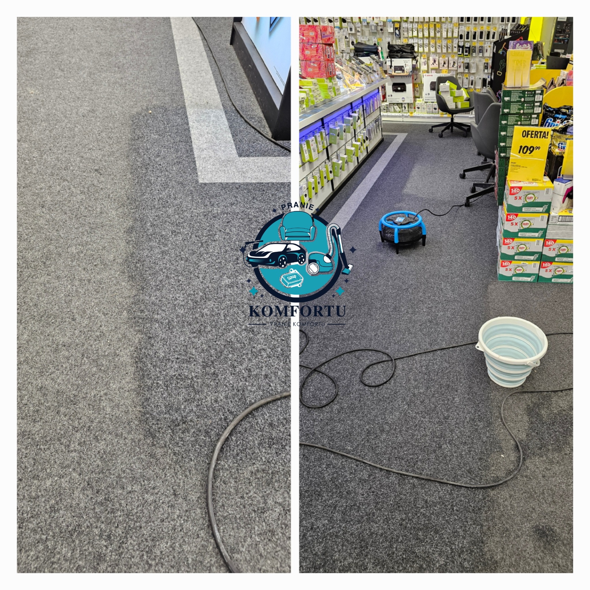 Porównanie: fragment szarego dywanu w sklepie przed i po czyszczeniu, widoczny sprzęt do czyszczenia dywanów i wiadro z wodą, logo firmy na środku.