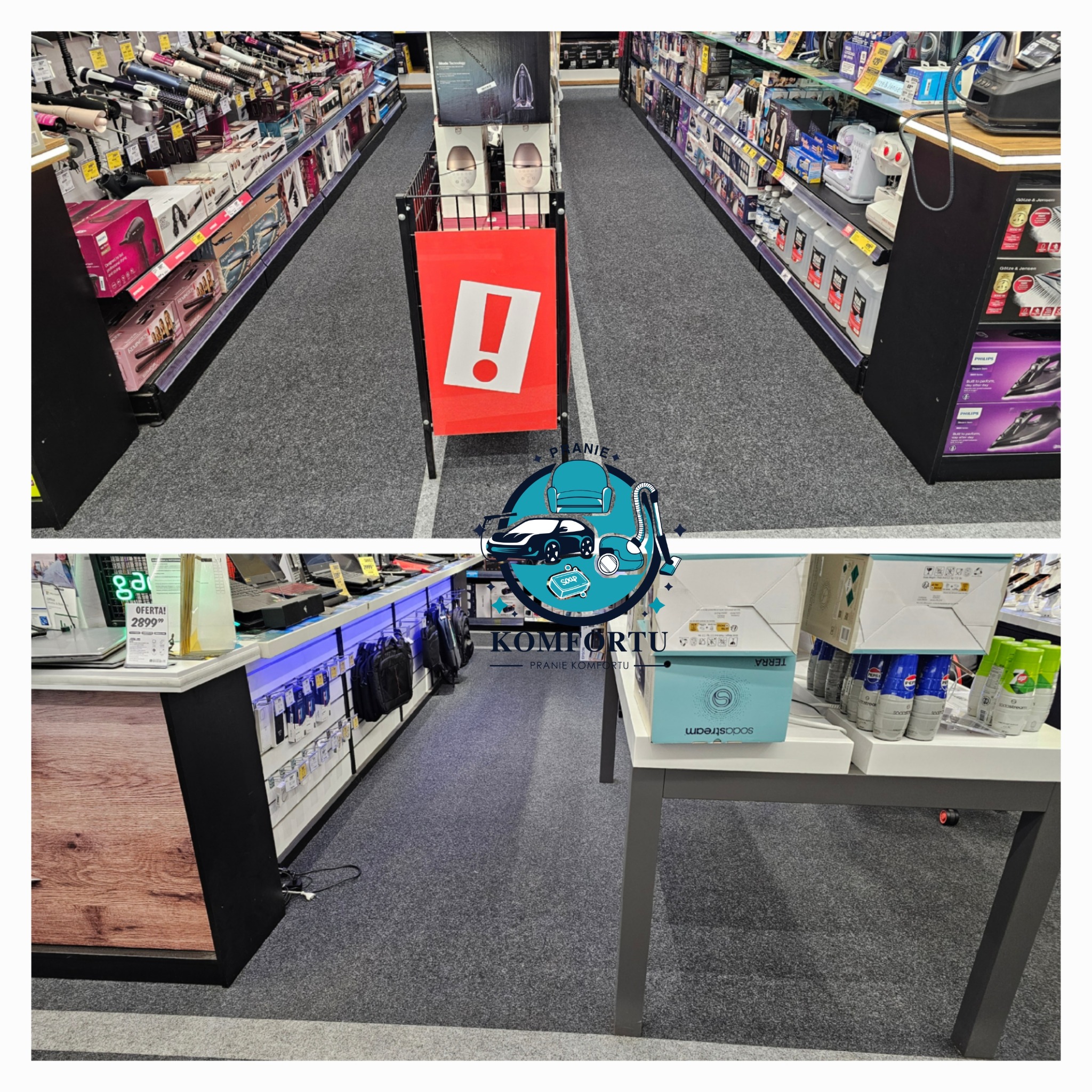 Alejka w sklepie z dywanem w kolorze szary melanż, po bokach regały z elektroniką i sprzętem AGD, w tle czerwony znak ostrzegawczy '!', na pierwszym planie logo firmy 'Pranie Komfortu'.