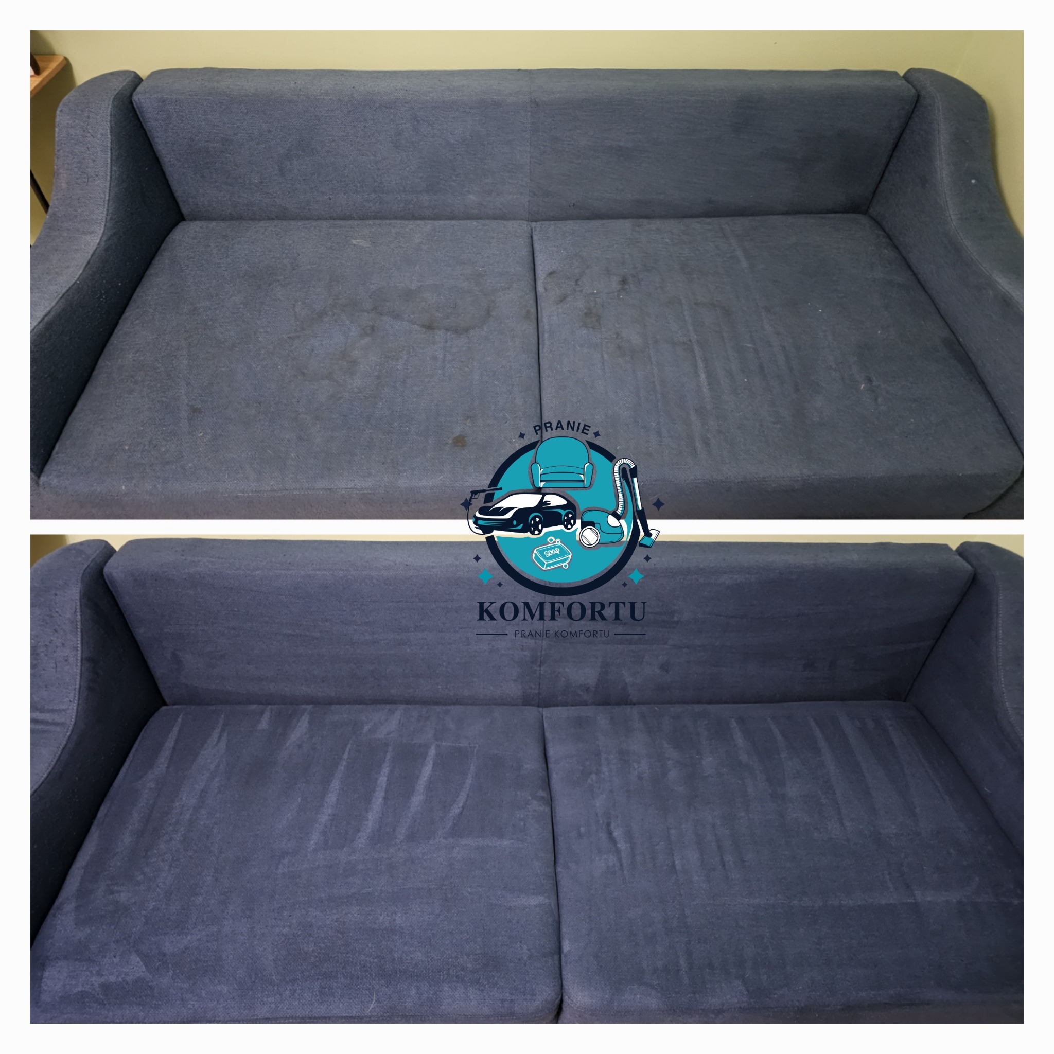 Dwuczęściowe ujęcie sofy: górna połowa przed czyszczeniem z widocznymi plamami, dolna połowa po czyszczeniu, prezentująca odświeżony wygląd, z logo firmy na środku.