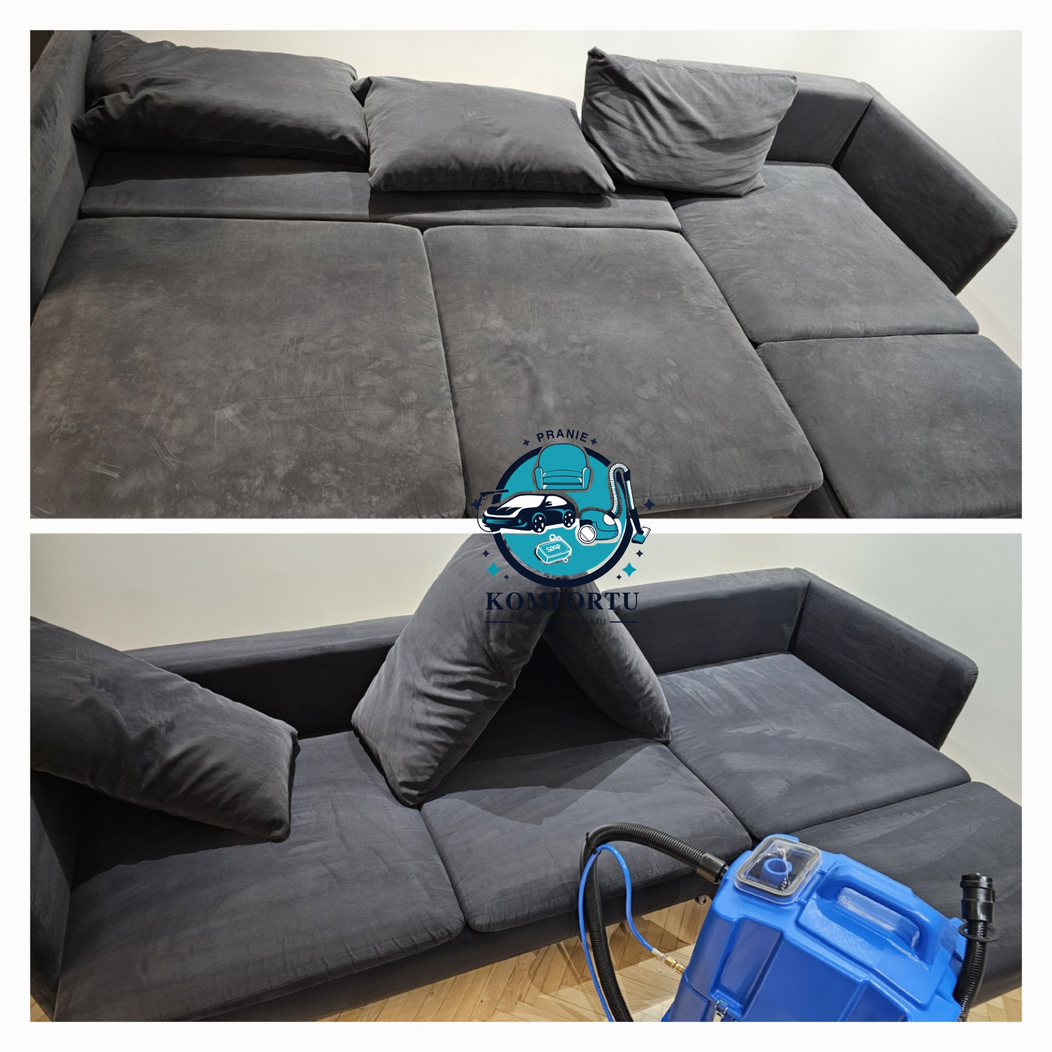 Szara narożna sofa z poduszkami, widoczna w dwóch ujęciach: przed i po czyszczeniu, z użyciem niebieskiego urządzenia do czyszczenia ekstrakcyjnego.