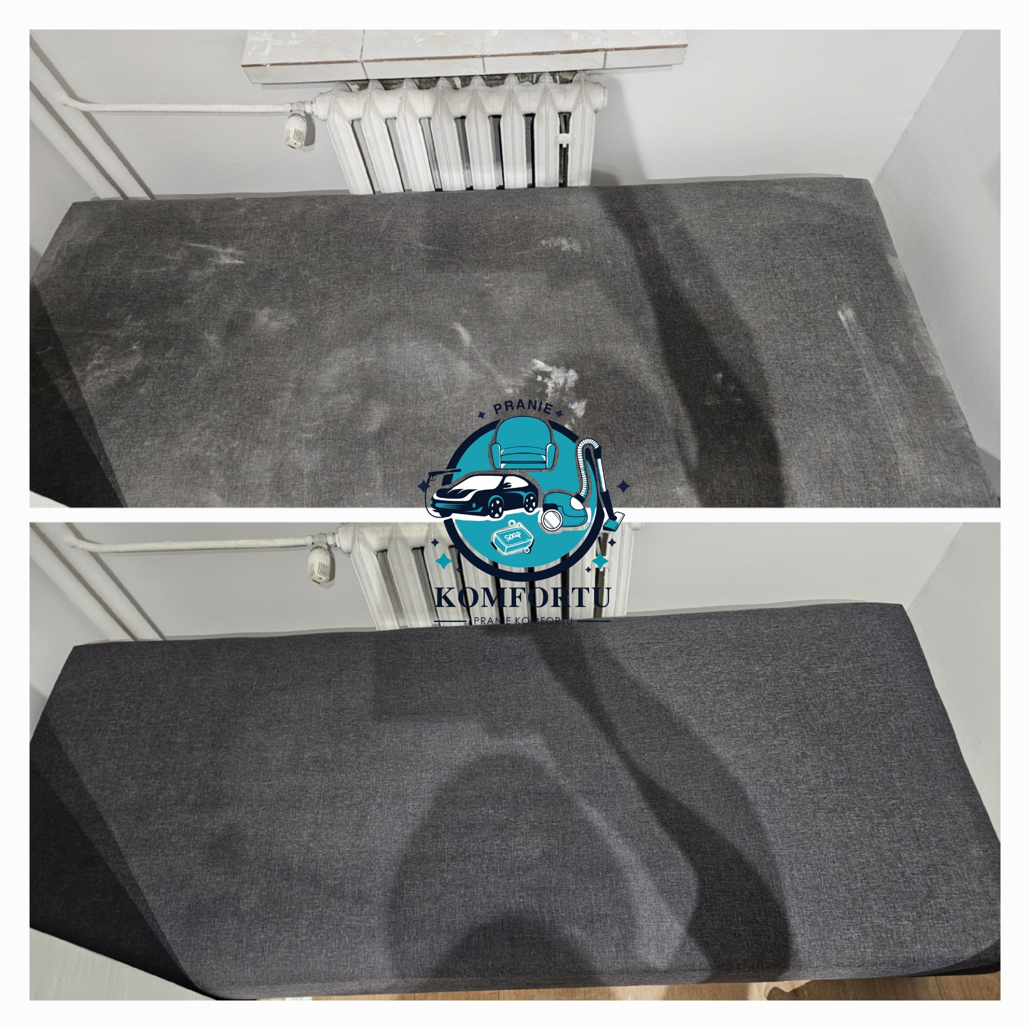 Górny kadr: Szara tapicerka kanapy przed i po czyszczeniu, widoczne plamy i różnica w odcieniu. Dolny kadr: Logo firmy z grafiką fotela, samochodu, odkurzacza i kostki mydła.