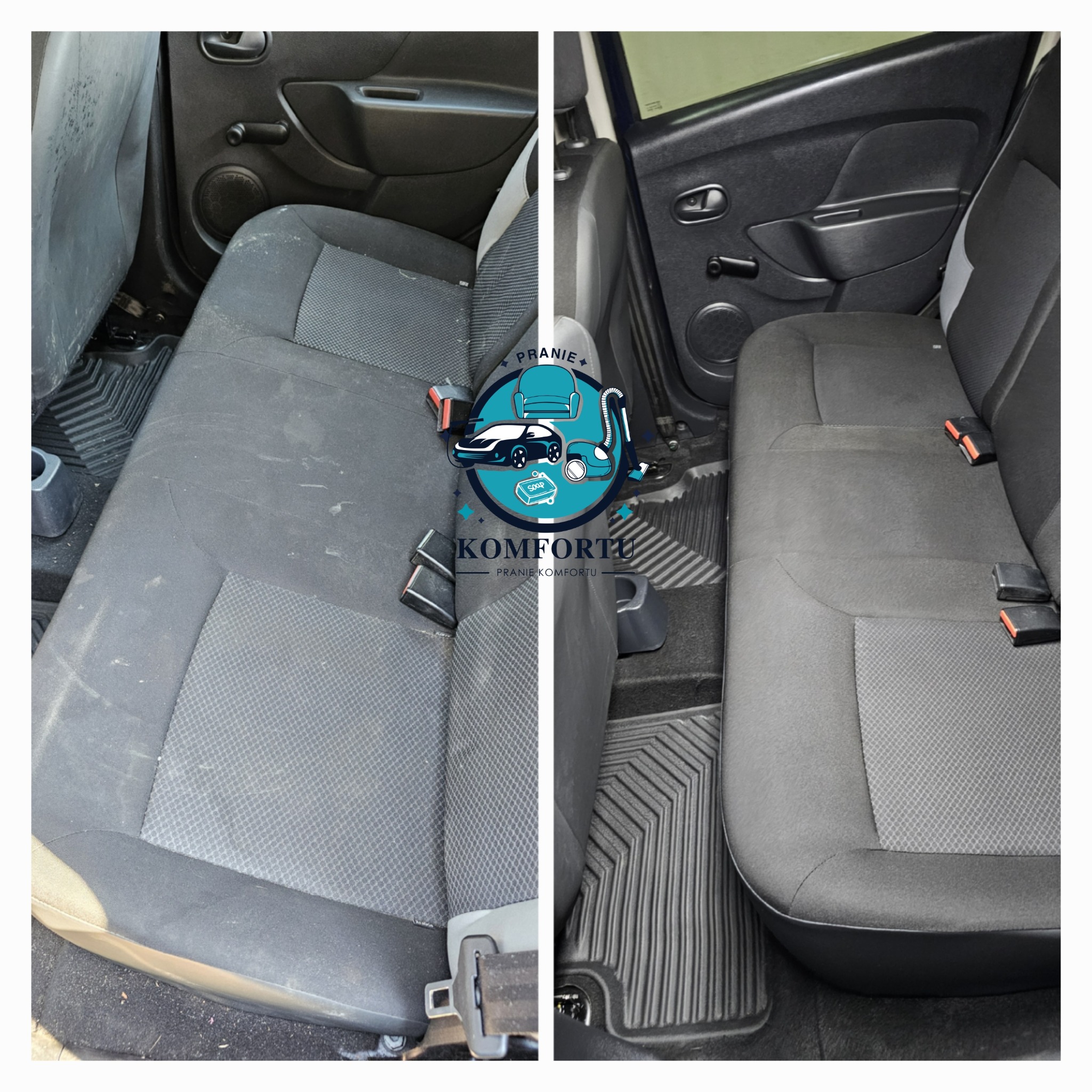 Porównanie tylnej kanapy samochodowej przed i po czyszczeniu: po lewej stronie widoczny brud i plamy, po prawej czysta, odświeżona tapicerka.