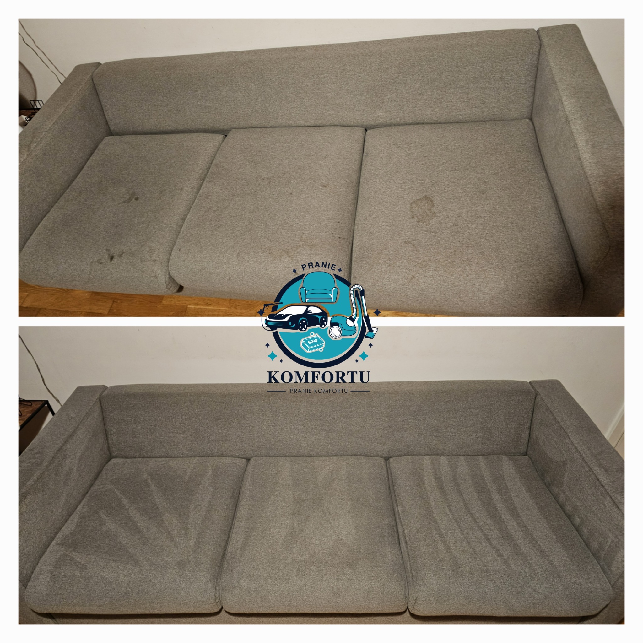 Porównanie prania sofy: widoczne plamy przed czyszczeniem i czysta tapicerka po praniu, z logo firmy 'Komfortu' na środku.