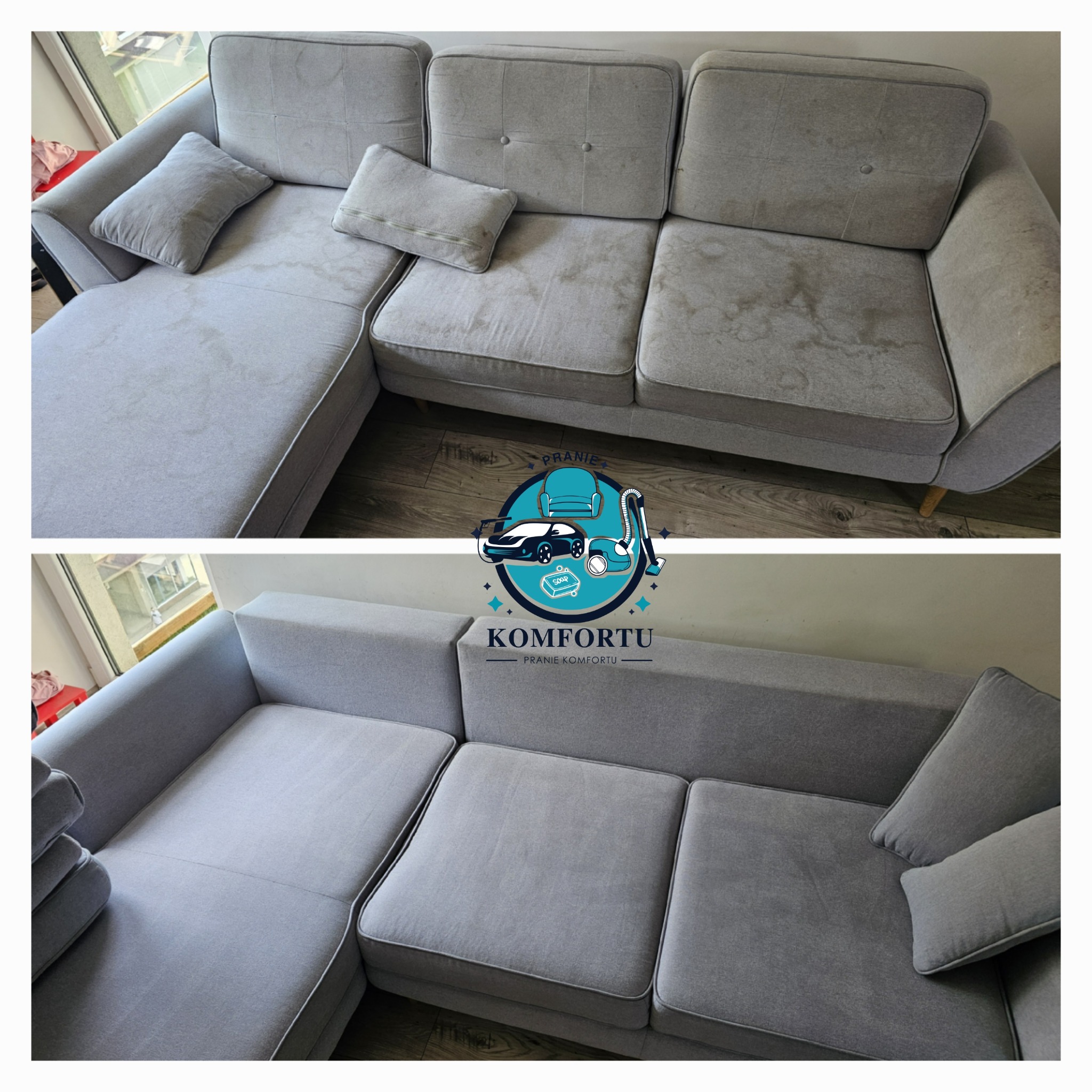 Szary narożnik modułowy z widocznymi plamami przed czyszczeniem (górna część zdjęcia) i po czyszczeniu (dolna część zdjęcia), ukazujący efekt usługi. W tle widoczne panele podłogowe i okno.