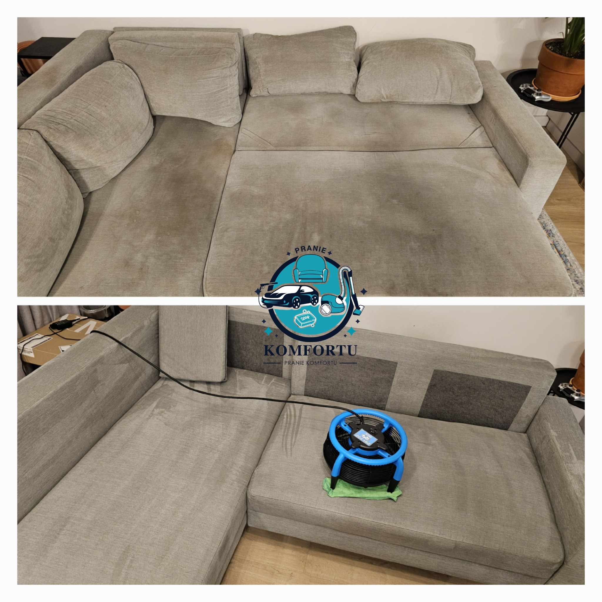 Dwu-częściowe zdjęcie narożnika przed i po czyszczeniu, z widocznymi plamami na górnej części i wentylatorem do suszenia na dolnej.