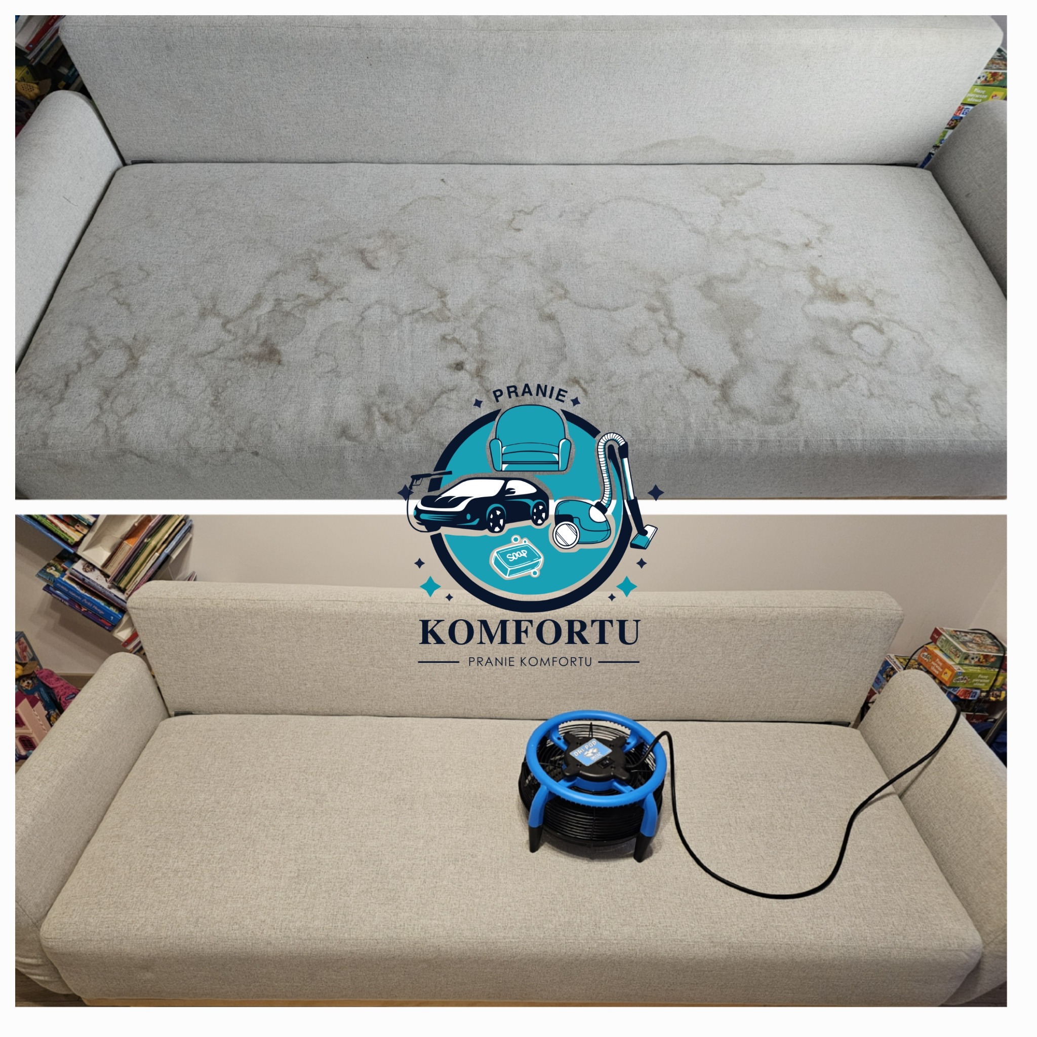 Dwuetapowe ujęcie sofy: górne pokazuje silne zabrudzenia na jasnej tapicerce, dolne prezentuje sofę po czyszczeniu, z dodatkowym wentylatorem wspomagającym suszenie.