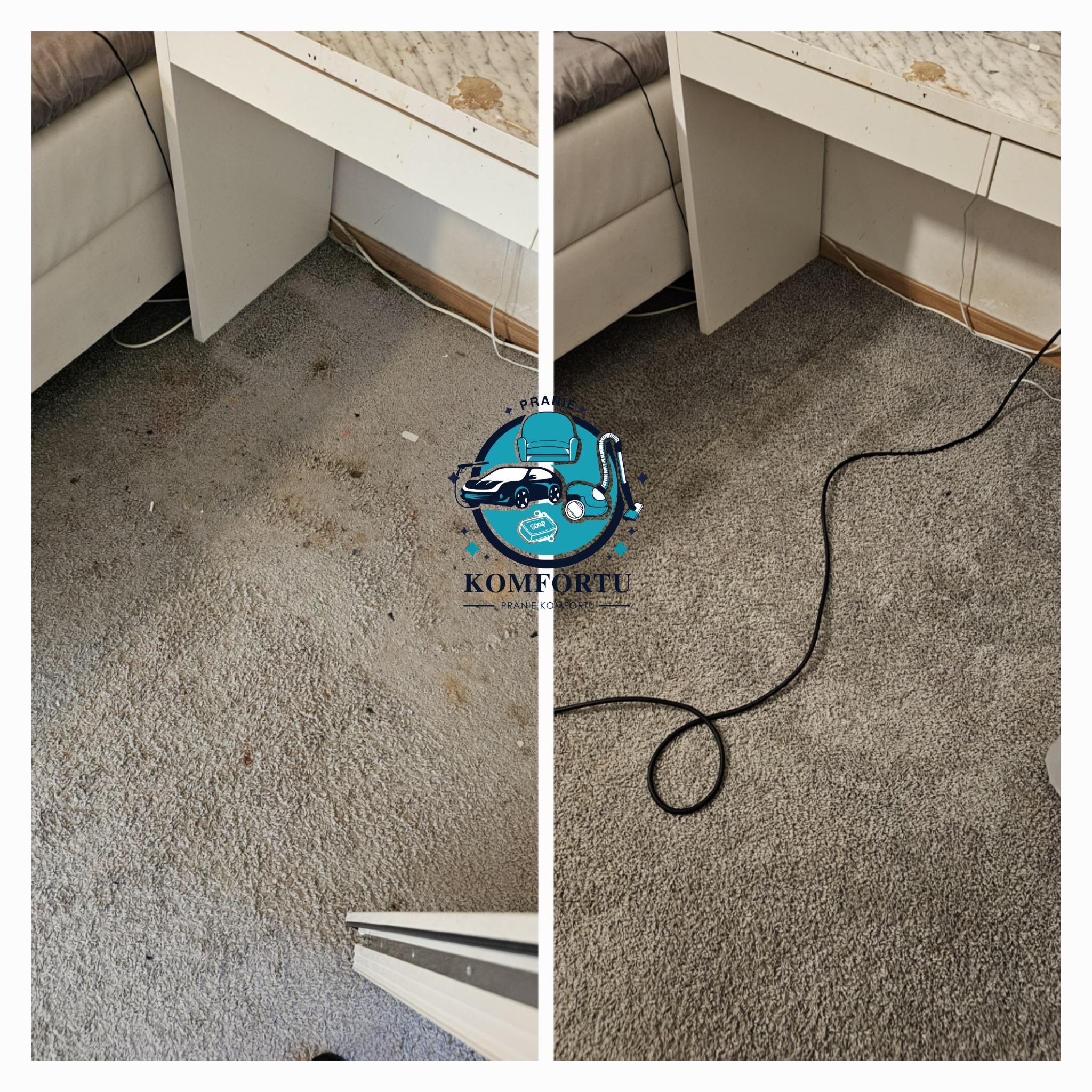 Porównanie dywanu przed i po czyszczeniu, widoczne plamy na dywanie przed i czysty dywan po prawej stronie, obok biurka.