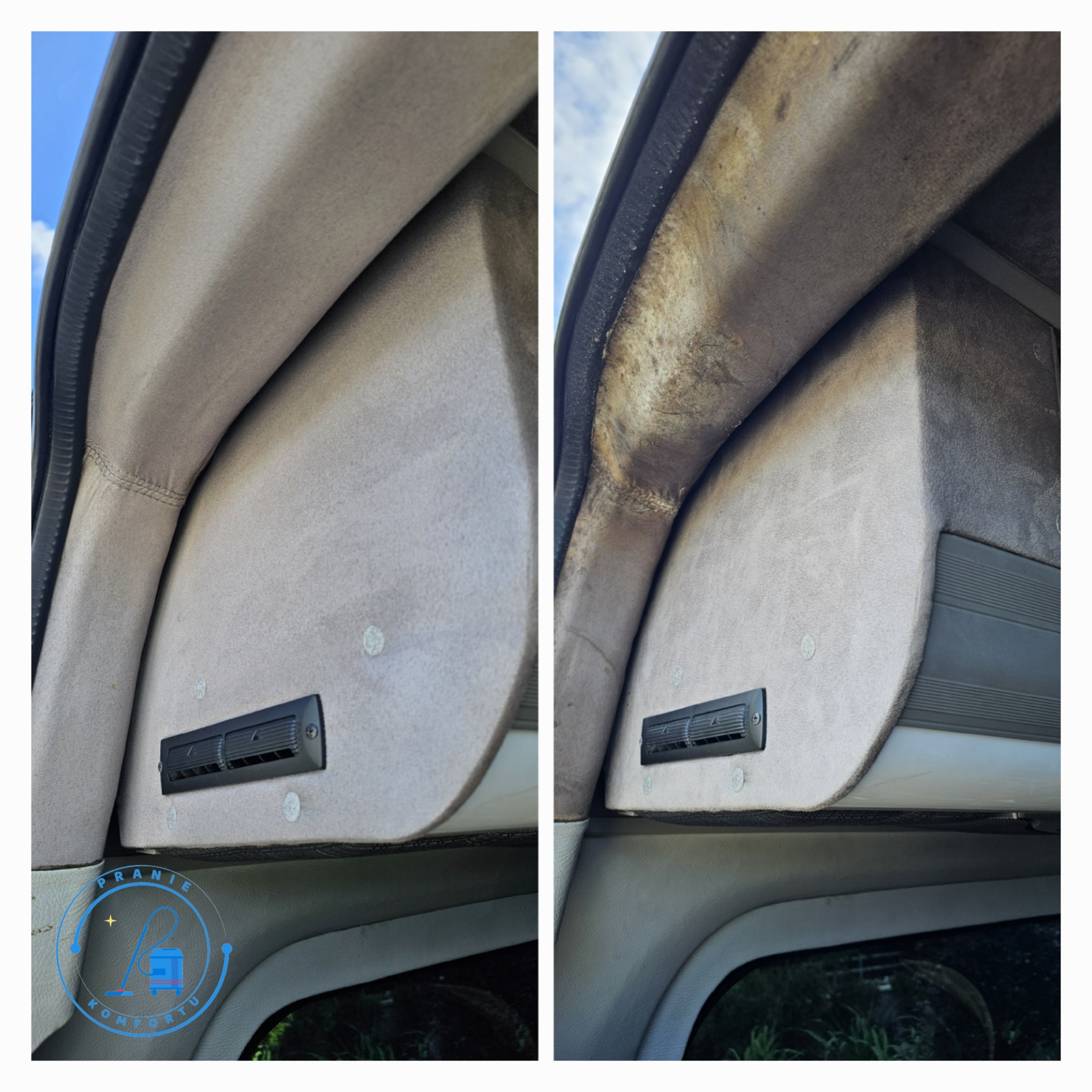 Porównanie czystości podsufitki samochodu przed i po czyszczeniu, widoczna znaczna różnica w odcieniu i usunięciu zabrudzeń.