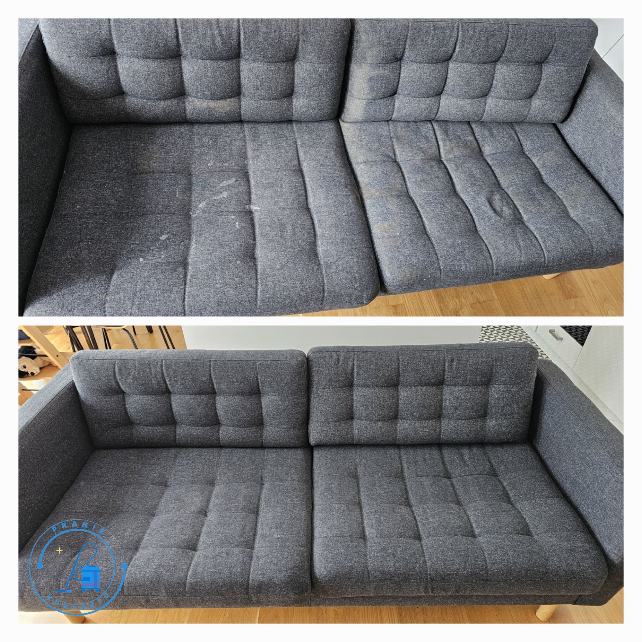 Dwuetapowe ujęcie szarej, tapicerowanej sofy z guzikami: górny kadr ukazuje sofę przed czyszczeniem, z widocznymi plamami i zabrudzeniami na siedzisku, dolny kadr prezentuje sofę po czyszczeniu,...