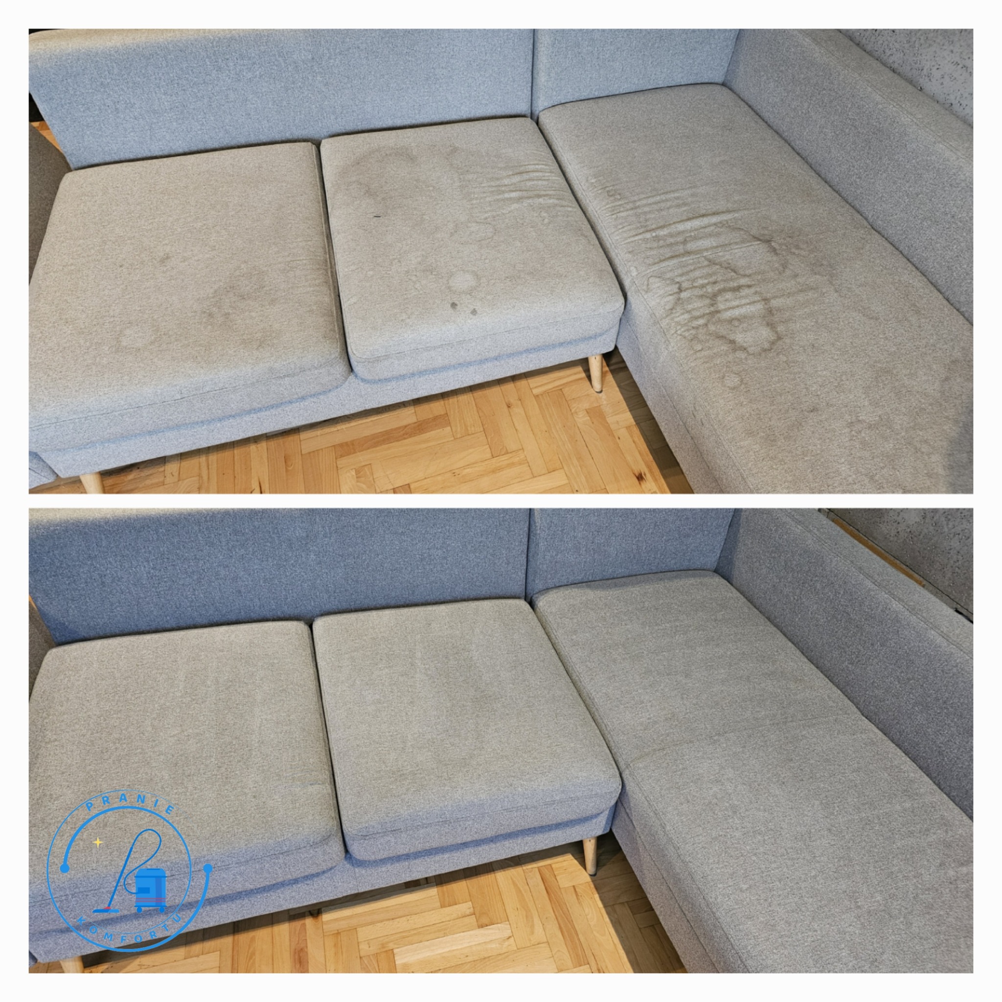 Porównanie stanu sofy narożnej przed i po czyszczeniu, widoczne plamy i zabrudzenia usunięte, na dolnym zdjęciu widoczne logo firmy sprzątającej.