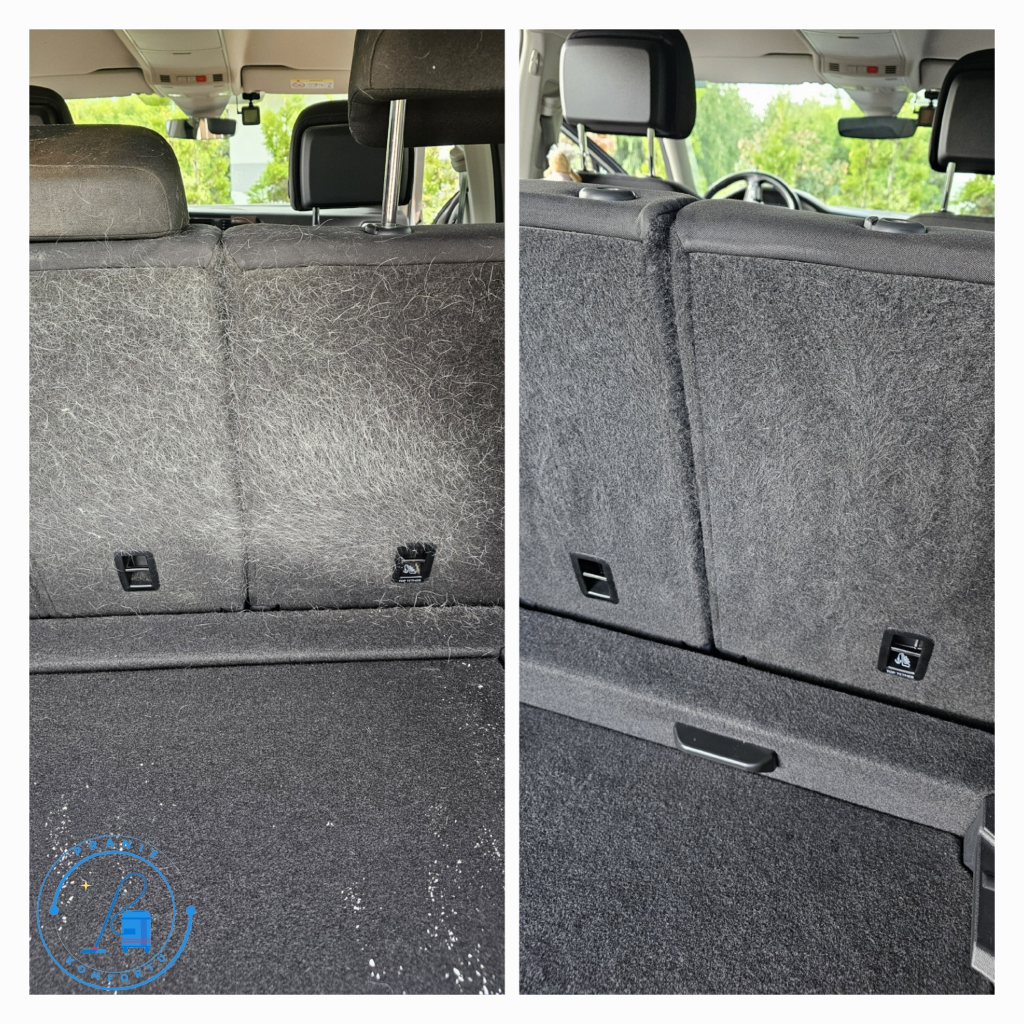 Porównanie: tylna część siedzeń samochodowych przed i po czyszczeniu z sierści zwierząt, widoczne różnice w strukturze i kolorze tapicerki.
