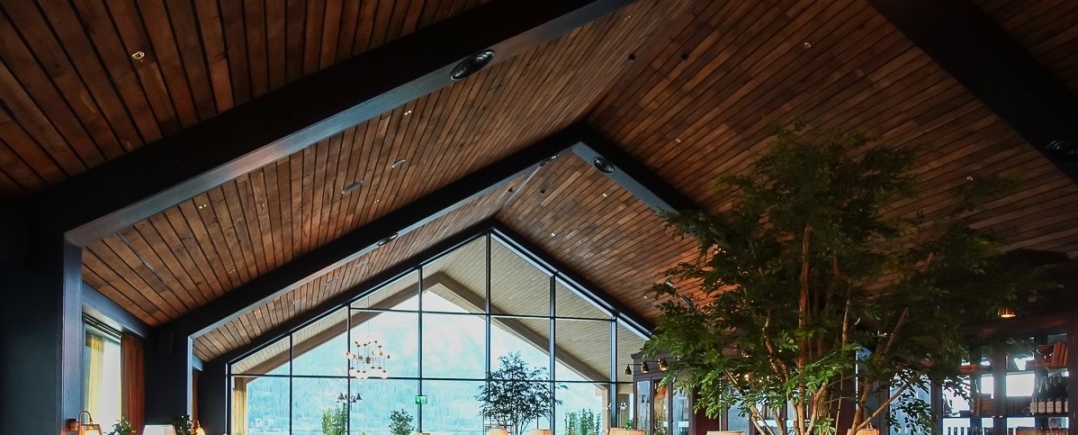 Wnętrze z drewnianym stropem skośnym, dużymi oknami z widokiem na góry i drzewami doniczkowymi wewnątrz, oświetlone punktowymi lampami sufitowymi.