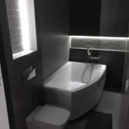 Nowoczesna łazienka w odcieniach szarości z narożną wanną, podświetleniem LED i podwieszaną toaletą.