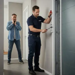 Mężczyzna w granatowym uniformie reguluje mechanizm zabezpieczający nowoczesne, szare drzwi wejściowe, podczas gdy zaniepokojony klient obserwuje z tyłu.