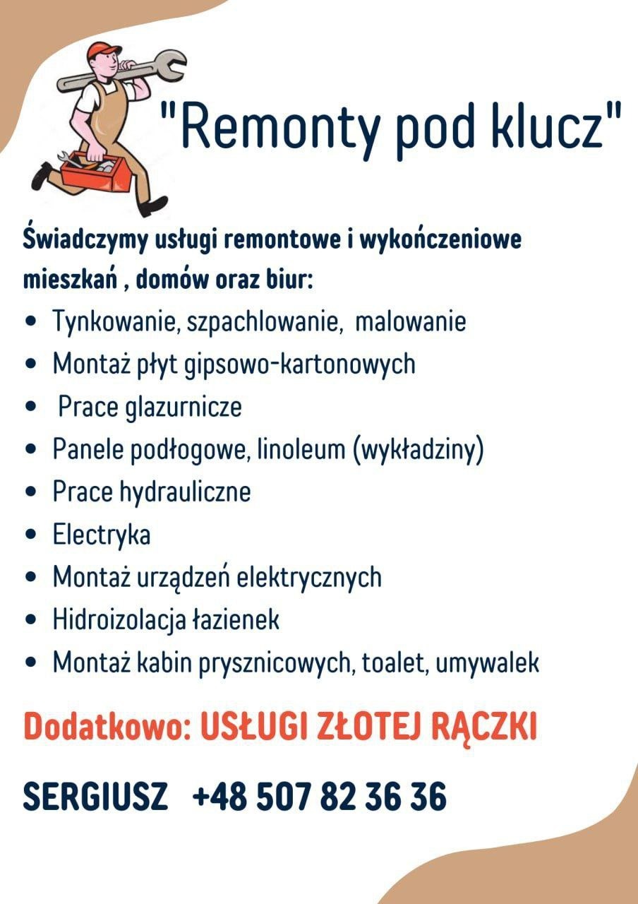 Grafika reklamowa firmy remontowej oferującej kompleksowe usługi wykończeniowe mieszkań, domów i biur, w tym tynkowanie, montaż płyt gipsowo-kartonowych, prace glazurnicze, hydrauliczne...