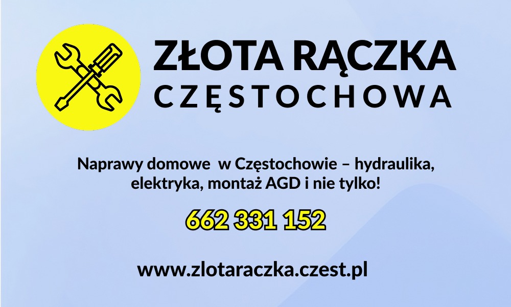 Grafika reklamowa usług napraw domowych w Częstochowie, obejmujących hydraulikę, elektrykę i montaż AGD, z ikoną skrzyżowanych narzędzi (klucz i śrubokręt) w żółtym kółku oraz numerem telefonu...