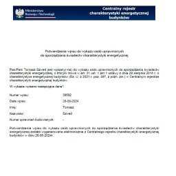 Navi-Tech Tomasz Szwed - Potwierdzenie wpisu do Centralnego rejestru charakterystyki energetycznej budynków z datą 26-06-2024, zawierające dane osoby uprawnionej do sporządzania świadectw.