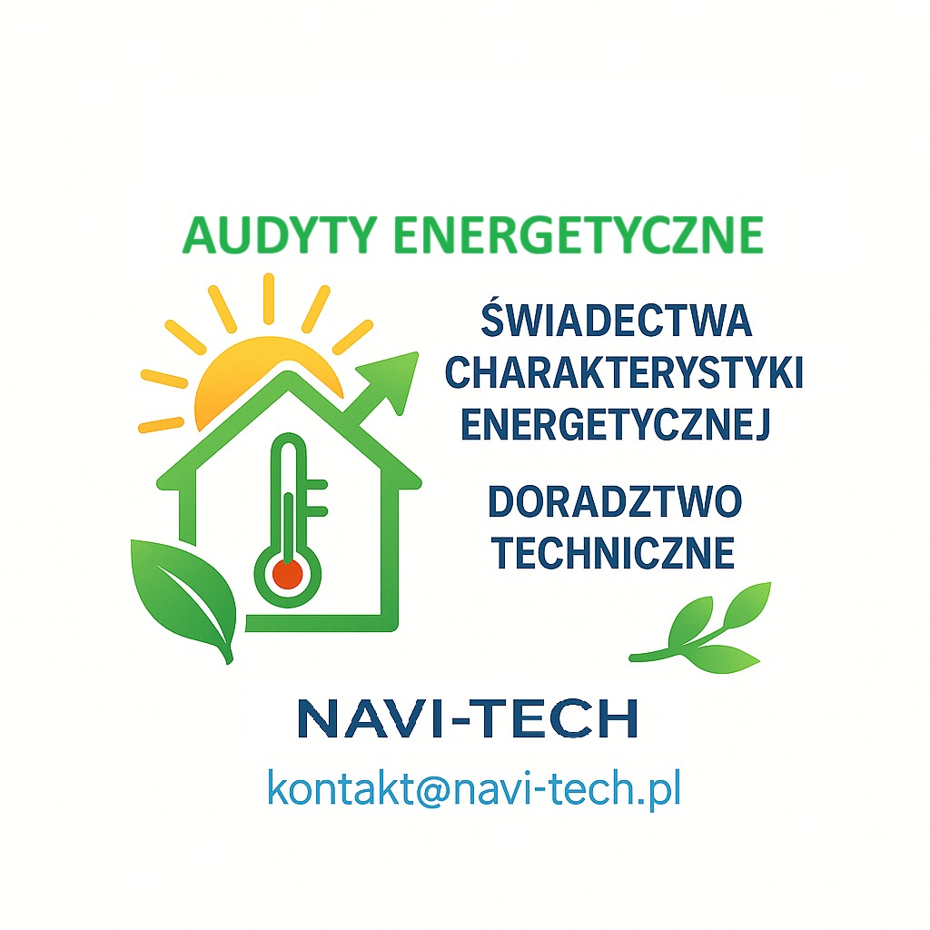 Grafika: Audyty energetyczne, świadectwa charakterystyki energetycznej, doradztwo techniczne. Logo firmy Navi-Tech z adresem e-mail.