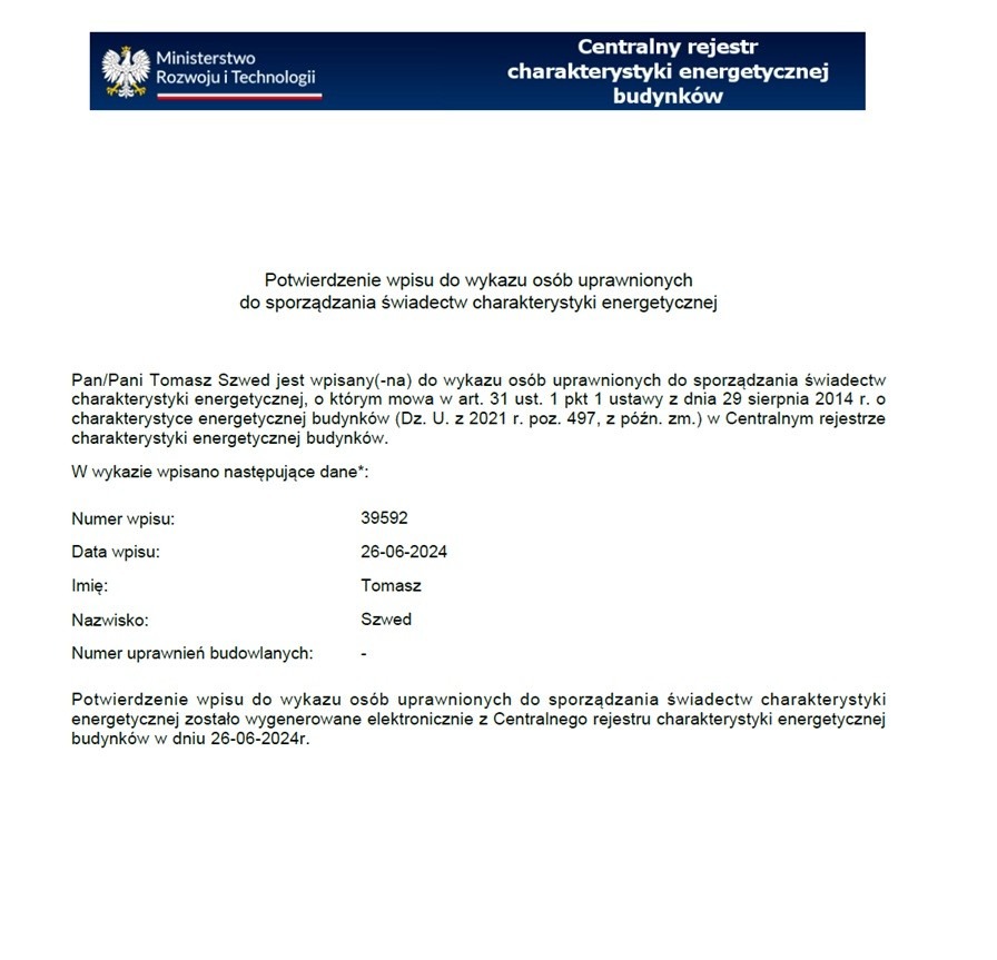 Potwierdzenie wpisu do Centralnego rejestru charakterystyki energetycznej budynków z datą 26-06-2024, zawierające dane osoby uprawnionej do sporządzania świadectw.