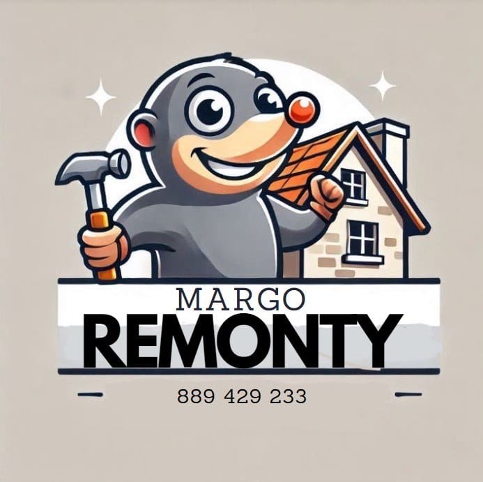 Kreskówkowy kret z czerwonym nosem trzymający młotek i model domu, logo firmy 'MARGO REMONTY' z numerem telefonu.