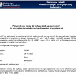 Potwierdzenie wpisu do centralnego rejestru charakterystyki energetycznej budynków, zawierające dane osobowe i datę wpisu, wygenerowane elektronicznie.