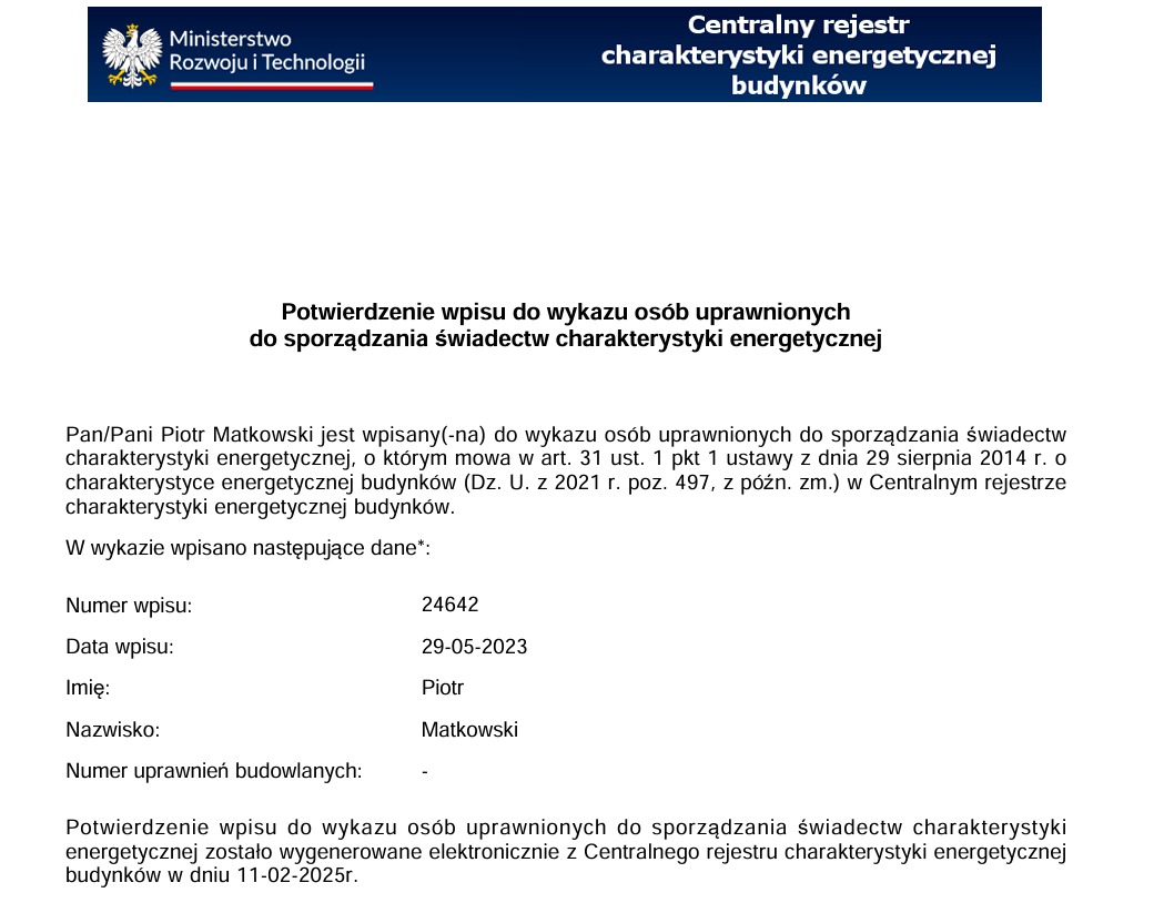 Potwierdzenie wpisu do centralnego rejestru charakterystyki energetycznej budynków, zawierające dane osobowe i datę wpisu, wygenerowane elektronicznie.
