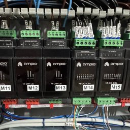 EL-MATIC - Panel sterowania inteligentnego domu Ampio z modułami ściemniającymi i wyjściami przekaźnikowymi, widoczne liczne przewody oznaczone etykietami, podłączone do zielonych i czerwonych złączek.