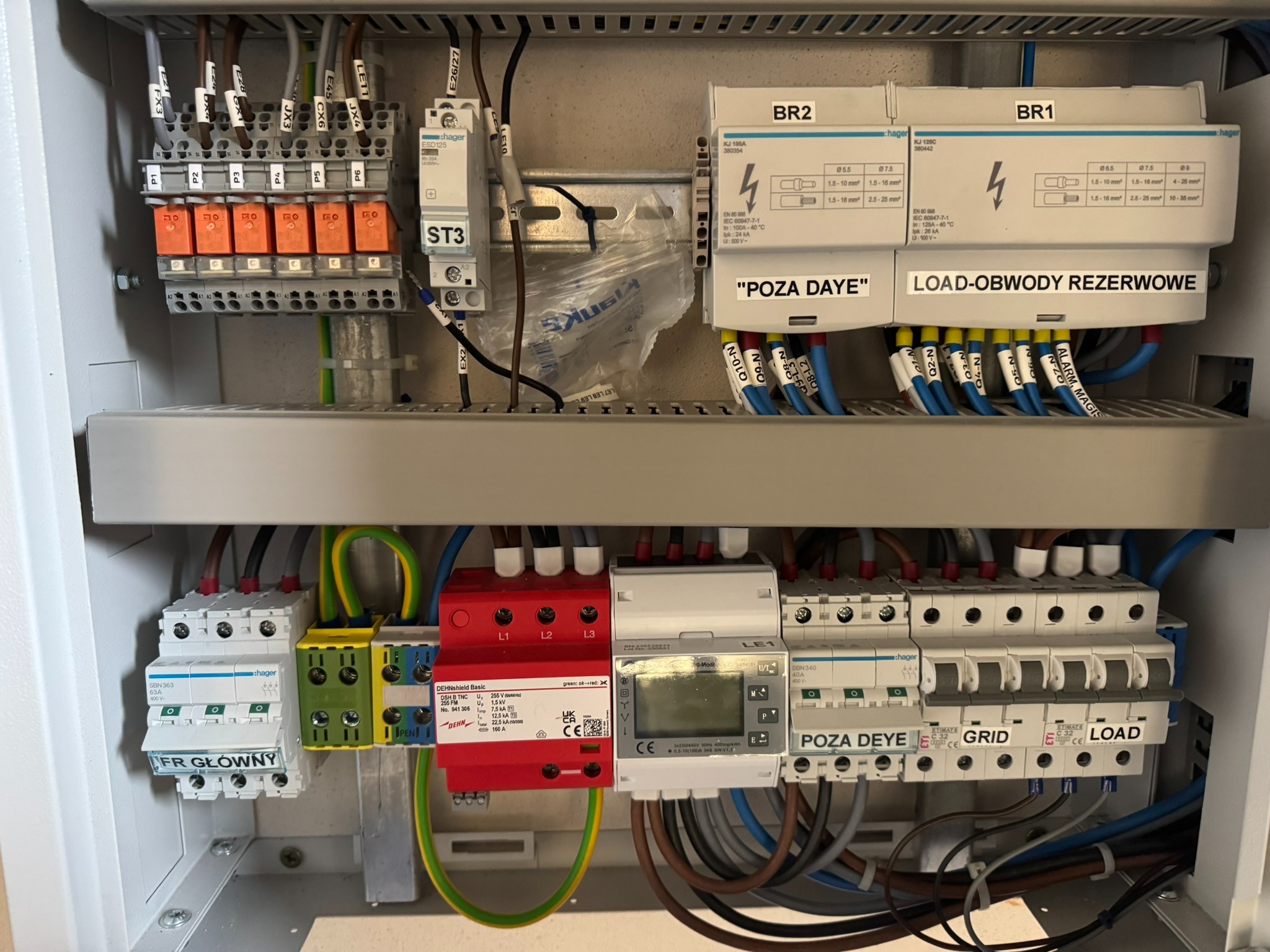 Rozdzielnica elektryczna z widocznymi zabezpieczeniami, przewodami i oznaczeniami, przygotowana do pracy z falownikiem hybrydowym, z wydzielonymi obwodami rezerwowymi zasilanymi z paneli...