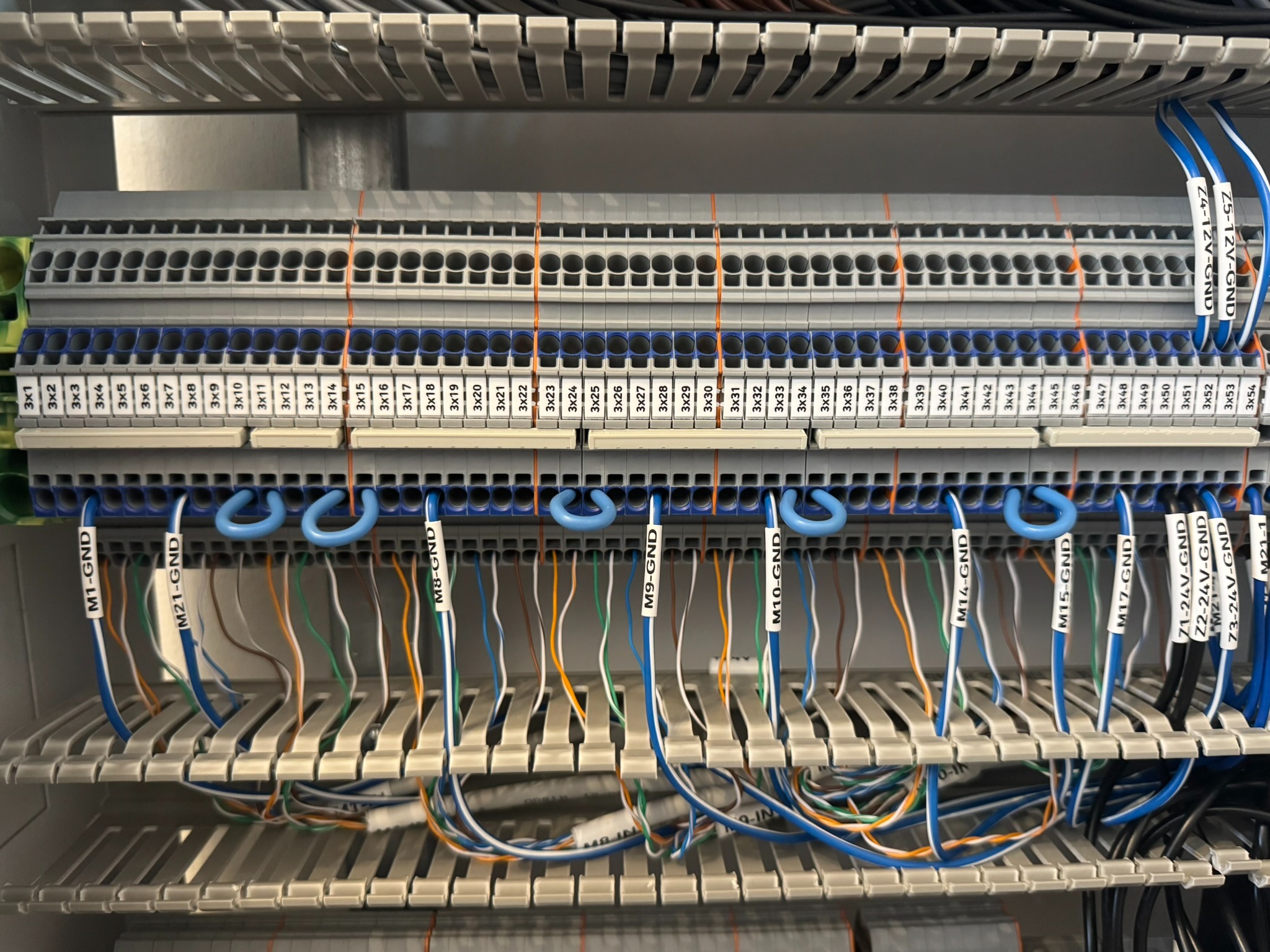 Rozdzielnica elektryczna z podłączonymi przewodami oznaczonymi etykietami M1-GND do M10-GND oraz Z1-24V-GND do Z3-24V-GND, wpiętymi w listwy zaciskowe.