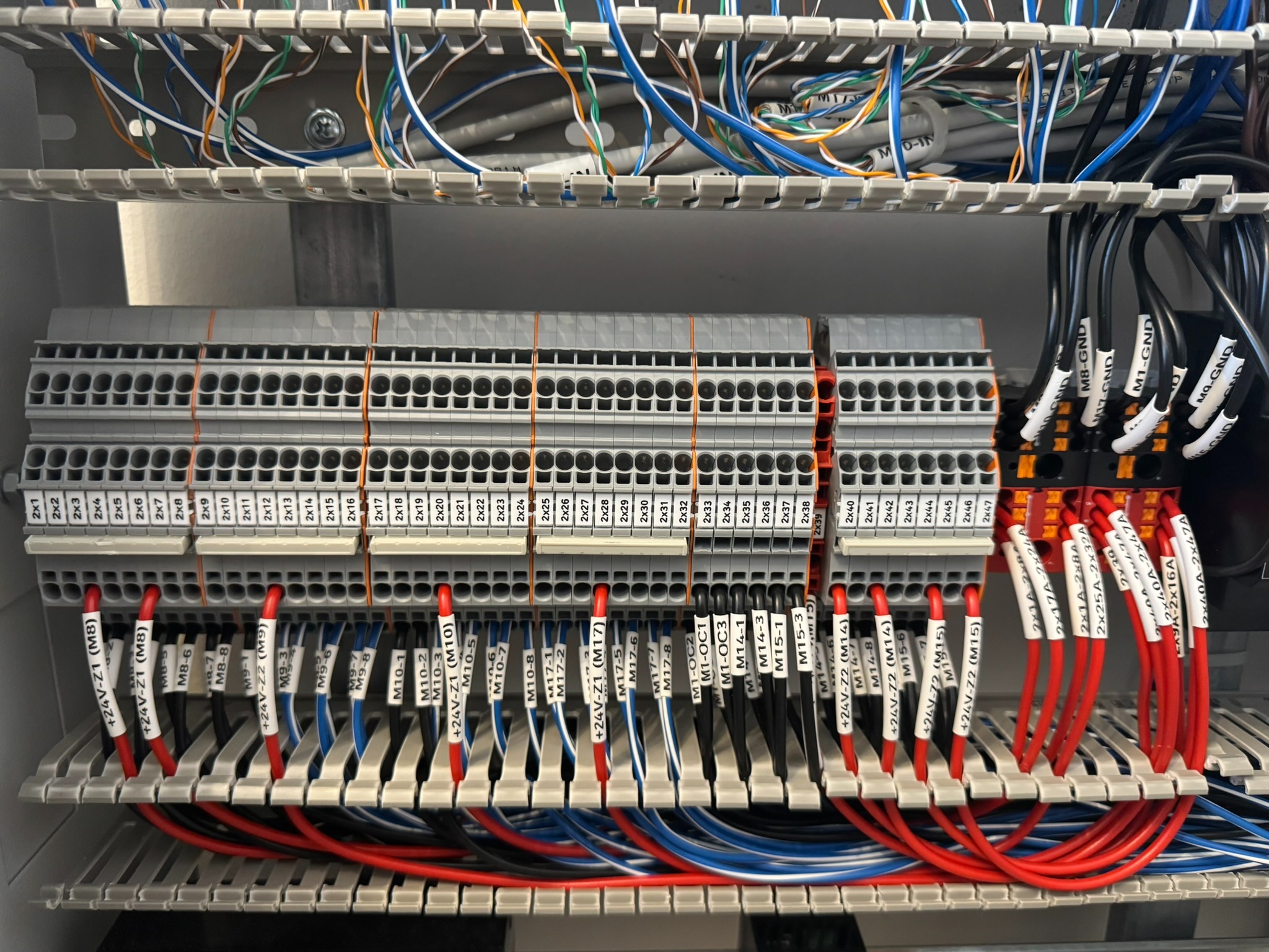 Szyna z zaciskami elektrycznymi Wago z podłączonymi, oznaczonymi przewodami w kolorach czerwonym, czarnym, niebieskim, białym i pomarańczowym, umieszczona w szarej szafie sterowniczej. Widoczne...