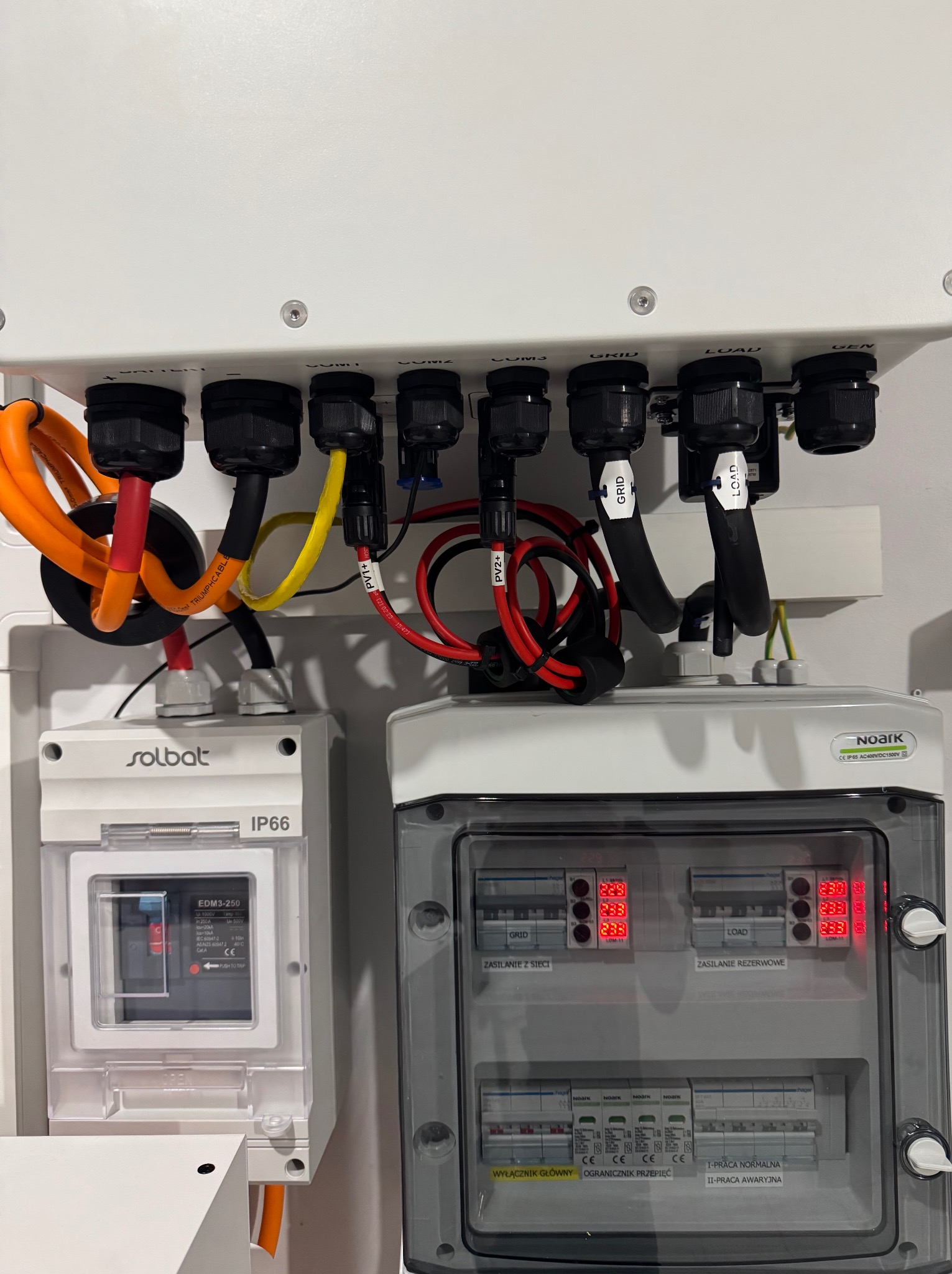 Rozdzielnica AC z zabezpieczeniami i wskaźnikami napięcia, dedykowana systemom hybrydowym. Widoczne przewody, bezpieczniki i wyłączniki.
