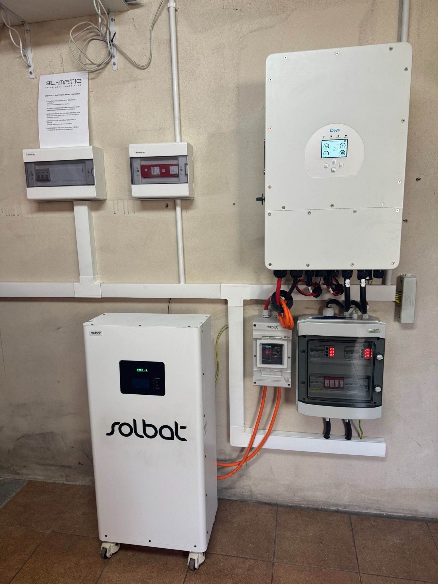 Instalacja magazynu energii Solbat wraz z inwerterem Deye i rozdzielnicą. Białe urządzenia zamontowane na ścianie. Widoczne przewody w peszlach.