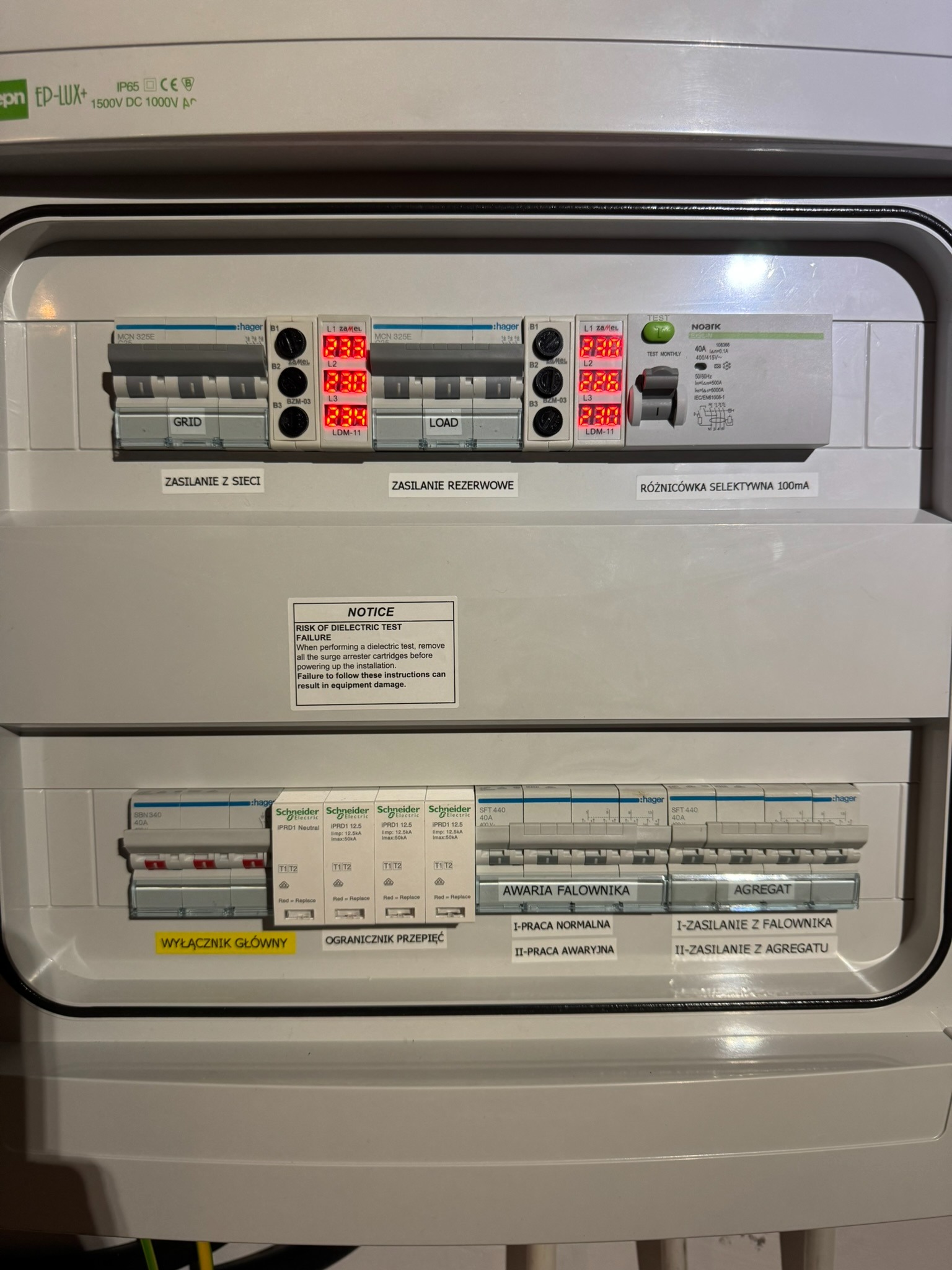 Rozdzielnica elektryczna z zabezpieczeniami, wyłącznikami i modułami pomiarowymi Hager i Schneider. Widoczne oznaczenia: zasilanie z sieci, rezerwowe, falownik, agregat.