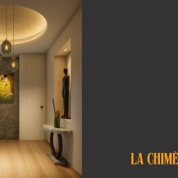 Studio K13 - Nowoczesny hol z obrazem Klimta, oświetleniem punktowym i marmurową konsolą. W tle widok na morze. Minimalistyczny design z akcentami artystycznymi.