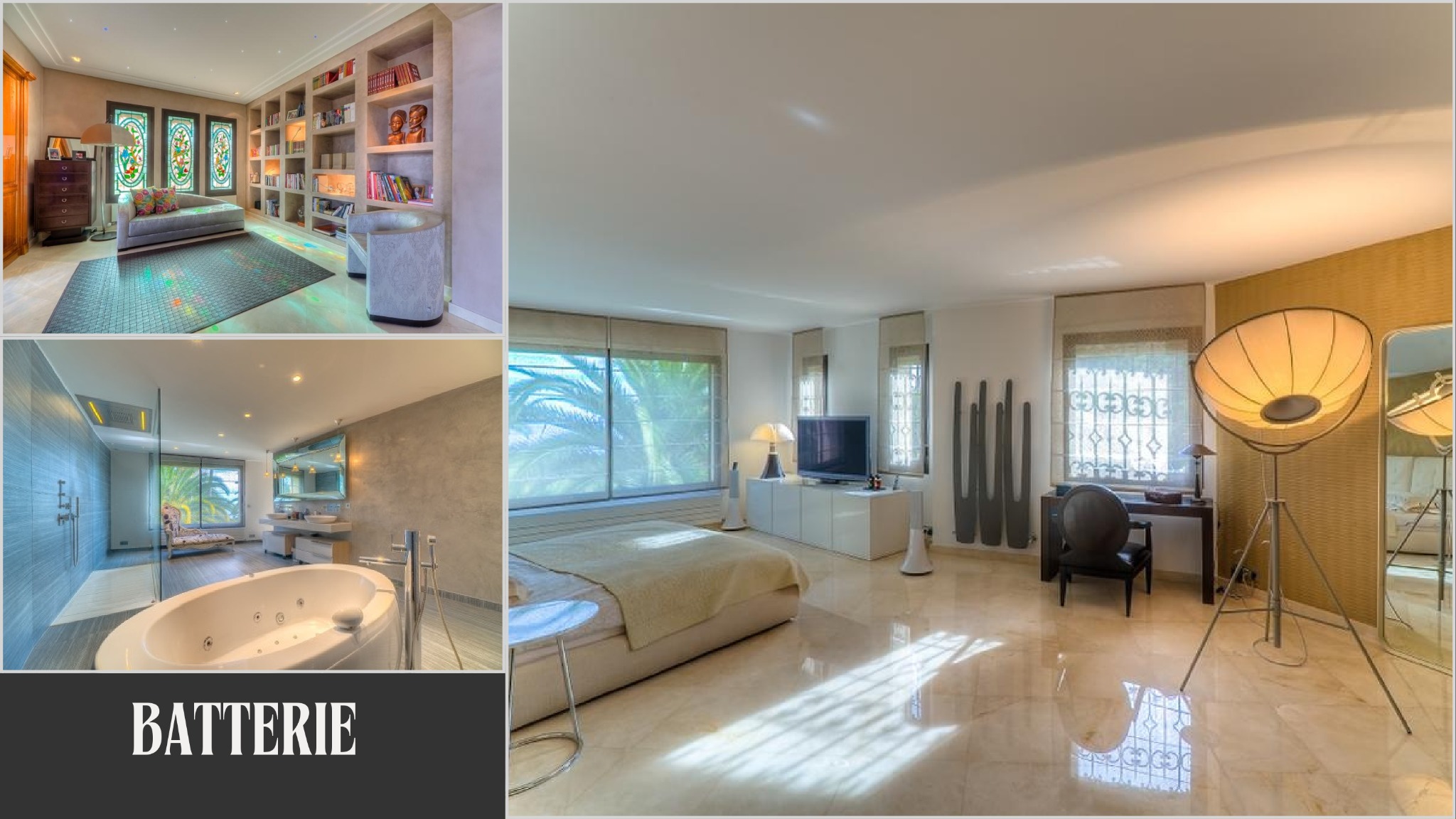 Kompozycja trzech zdjęć: pokój z biblioteczką i witrażami, sypialnia z oknem i lampą oraz łazienka z wanną. Marmurowe podłogi i nowoczesny design.