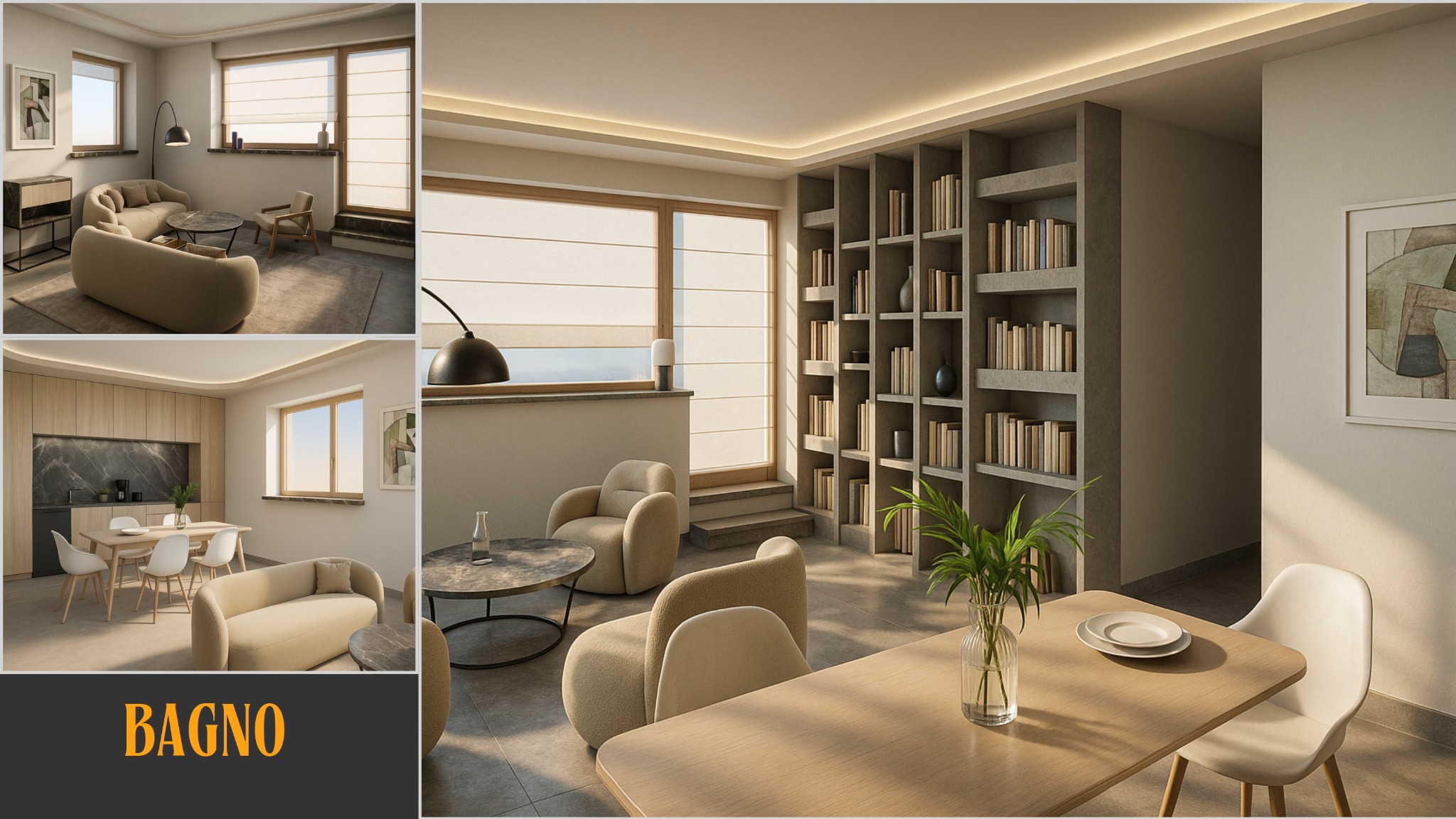 Jasne wnętrze z beżowymi sofami, regałem z książkami i drewnianym stołem z rośliną. Nowoczesny design z ciepłym oświetleniem i minimalistycznymi dodatkami.