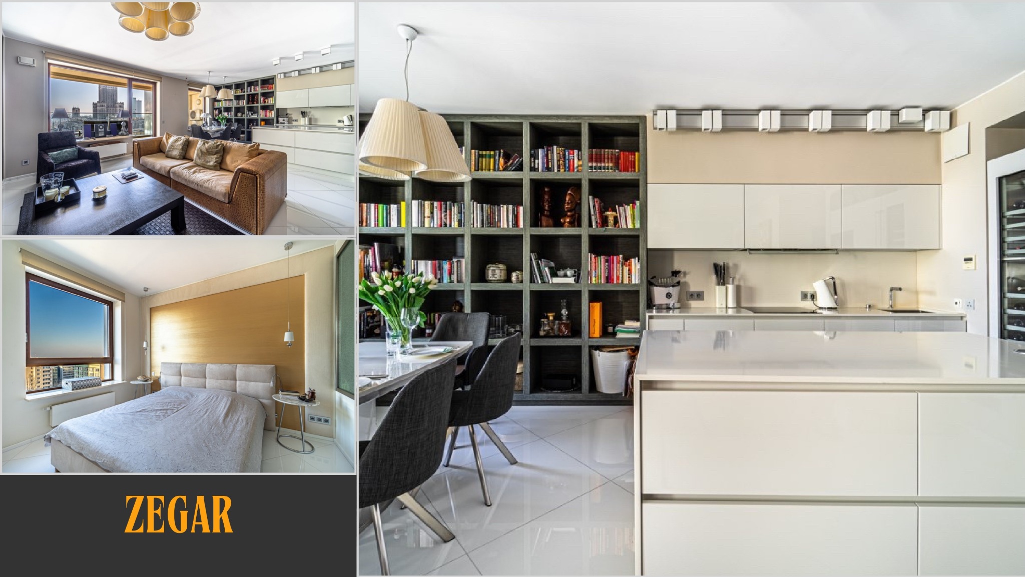 Nowoczesne wnętrze apartamentu: salon z skórzaną sofą, jadalnia z regałem na książki, minimalistyczna kuchnia i sypialnia z widokiem na miasto.