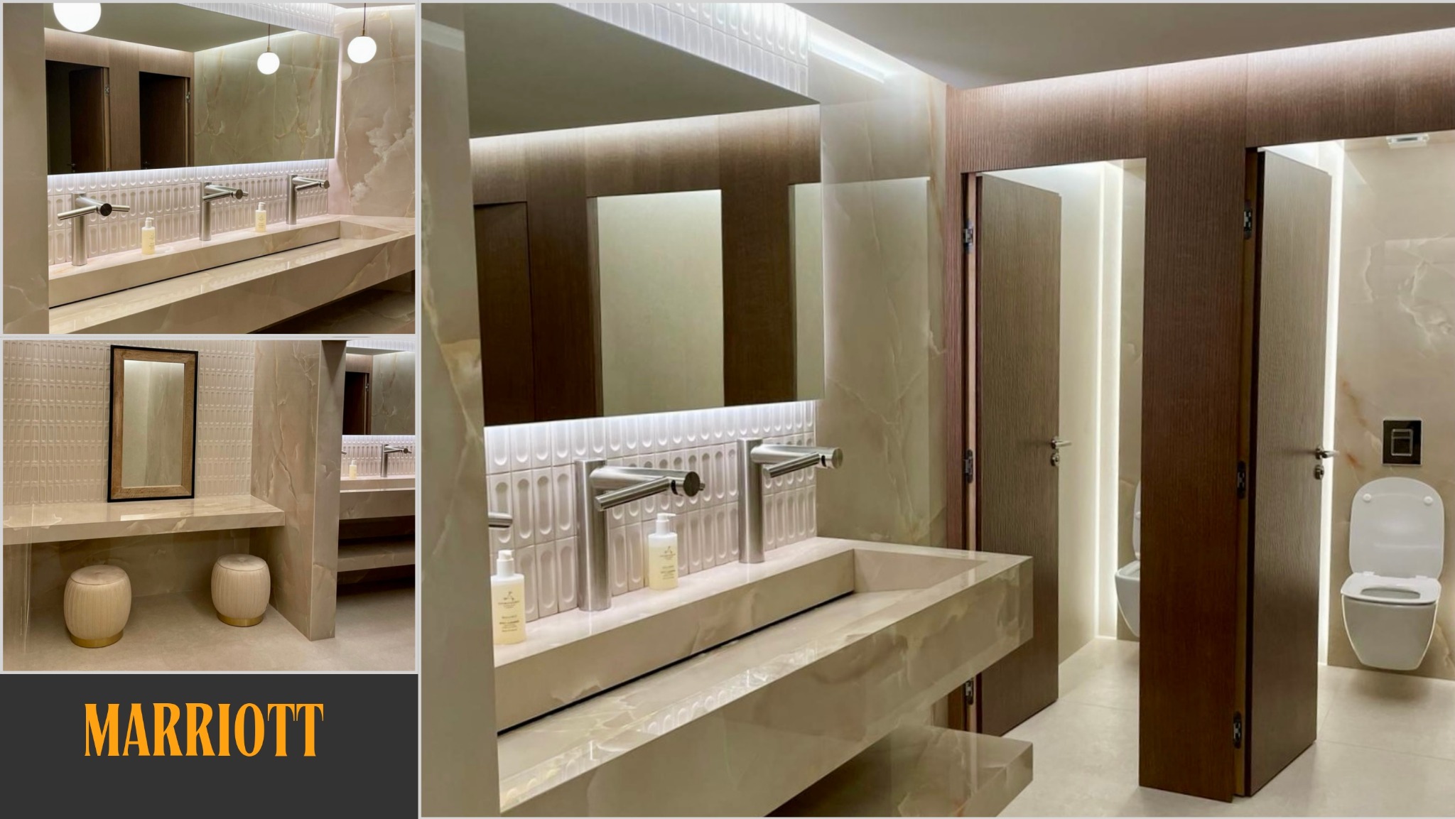 Elegancka łazienka w hotelu Marriott. Marmurowe umywalki, lustra z podświetleniem LED i kabiny WC z drewnianymi drzwiami tworzą luksusową przestrzeń.