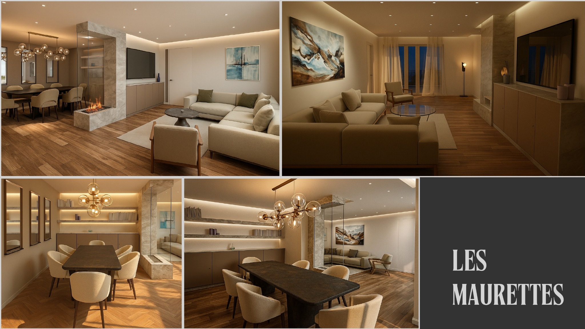 Eleganckie wnętrze z drewnianą podłogą, kominkiem oddzielającym strefę jadalną, sofą narożną i stonowaną kolorystyką. Całość dopełnia nastrojowe oświetlenie.