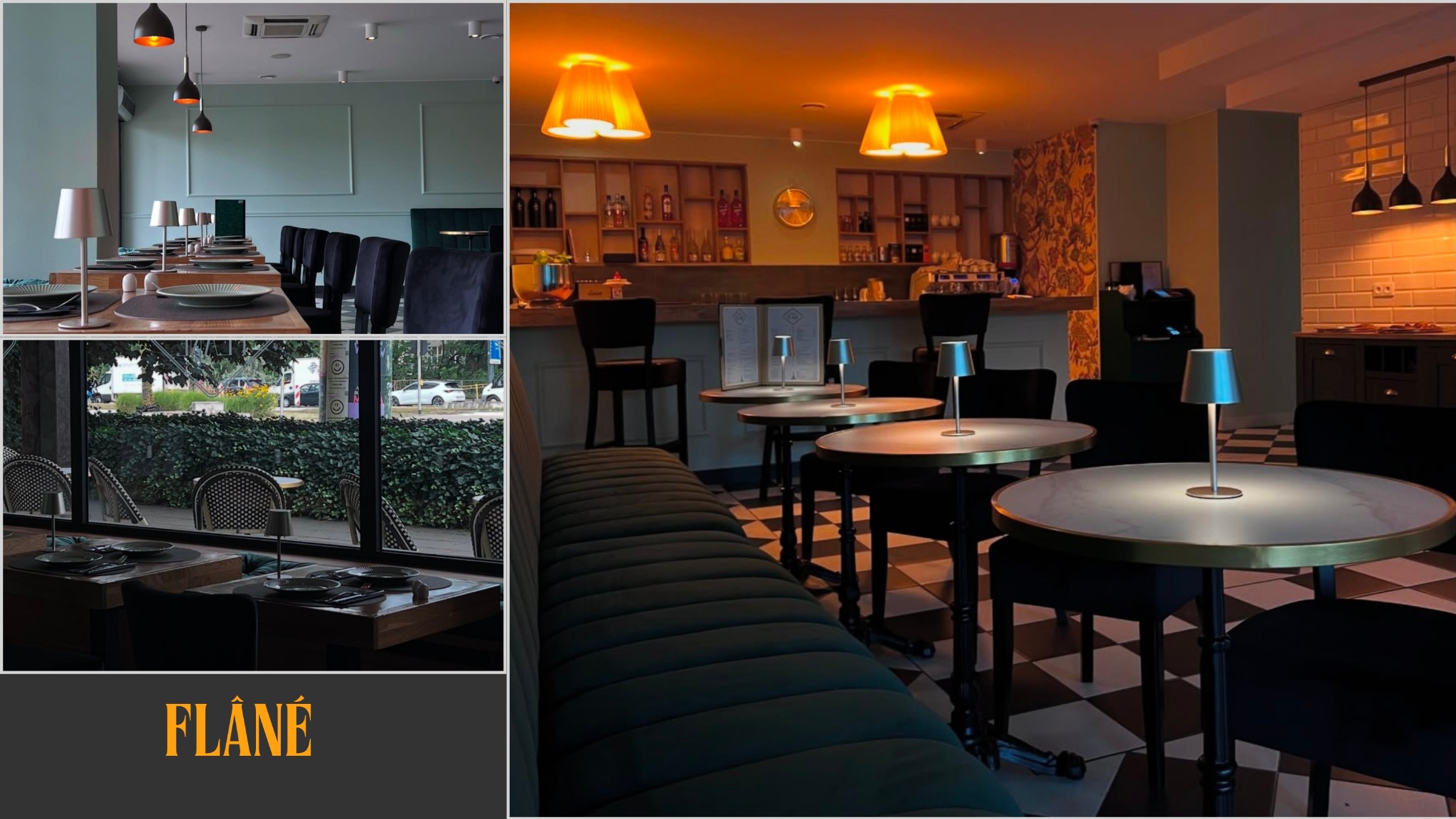 Nowoczesne wnętrze restauracji: eleganckie stoliki z lampkami, ciemne krzesła, bar z butelkami i dekoracyjna ściana. Widok z okna na zieleń.