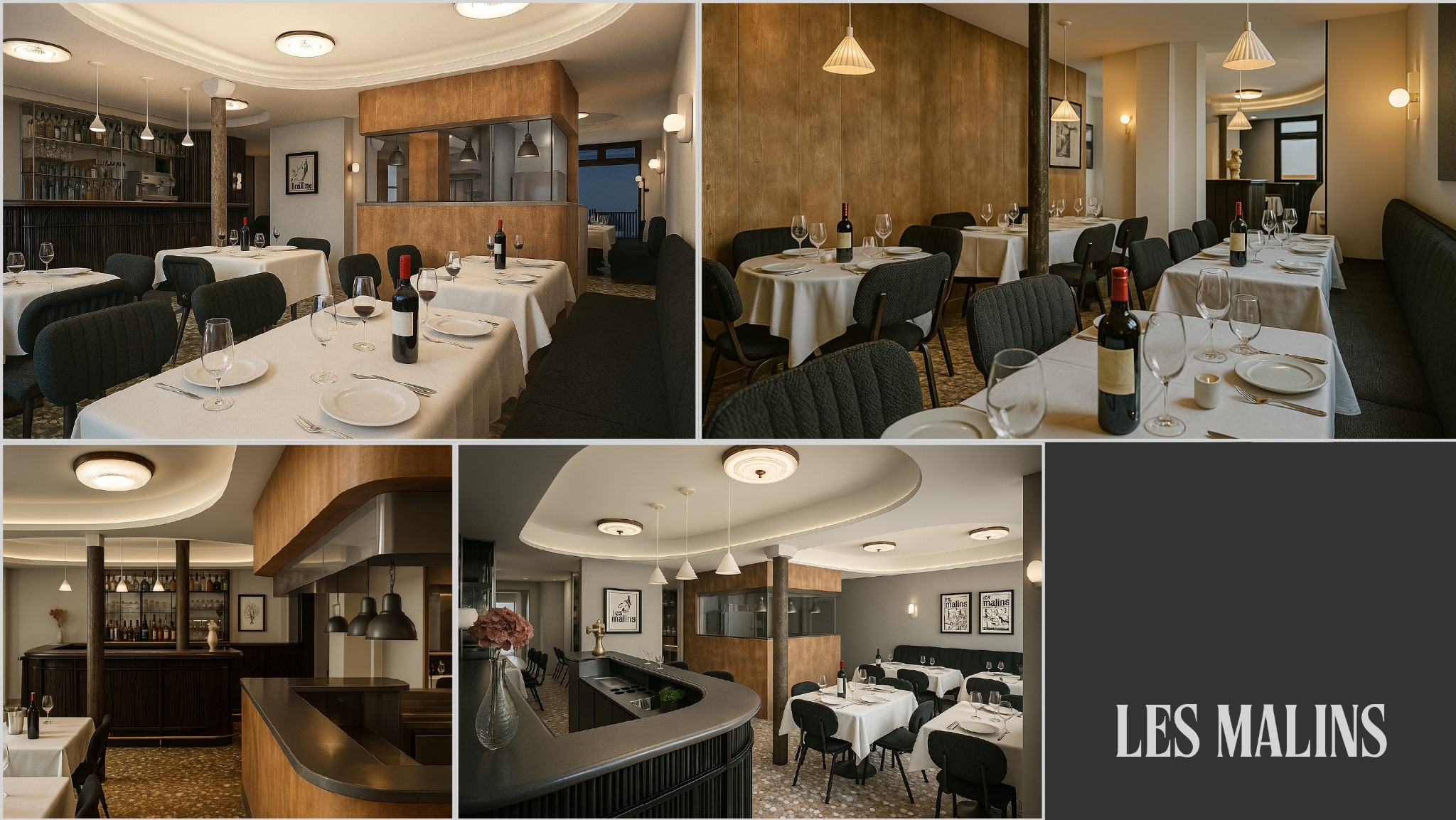 Eleganckie wnętrze restauracji z nakrytymi stołami, butelkami wina i nowoczesnym oświetleniem. Widoczny bar i elementy wystroju.