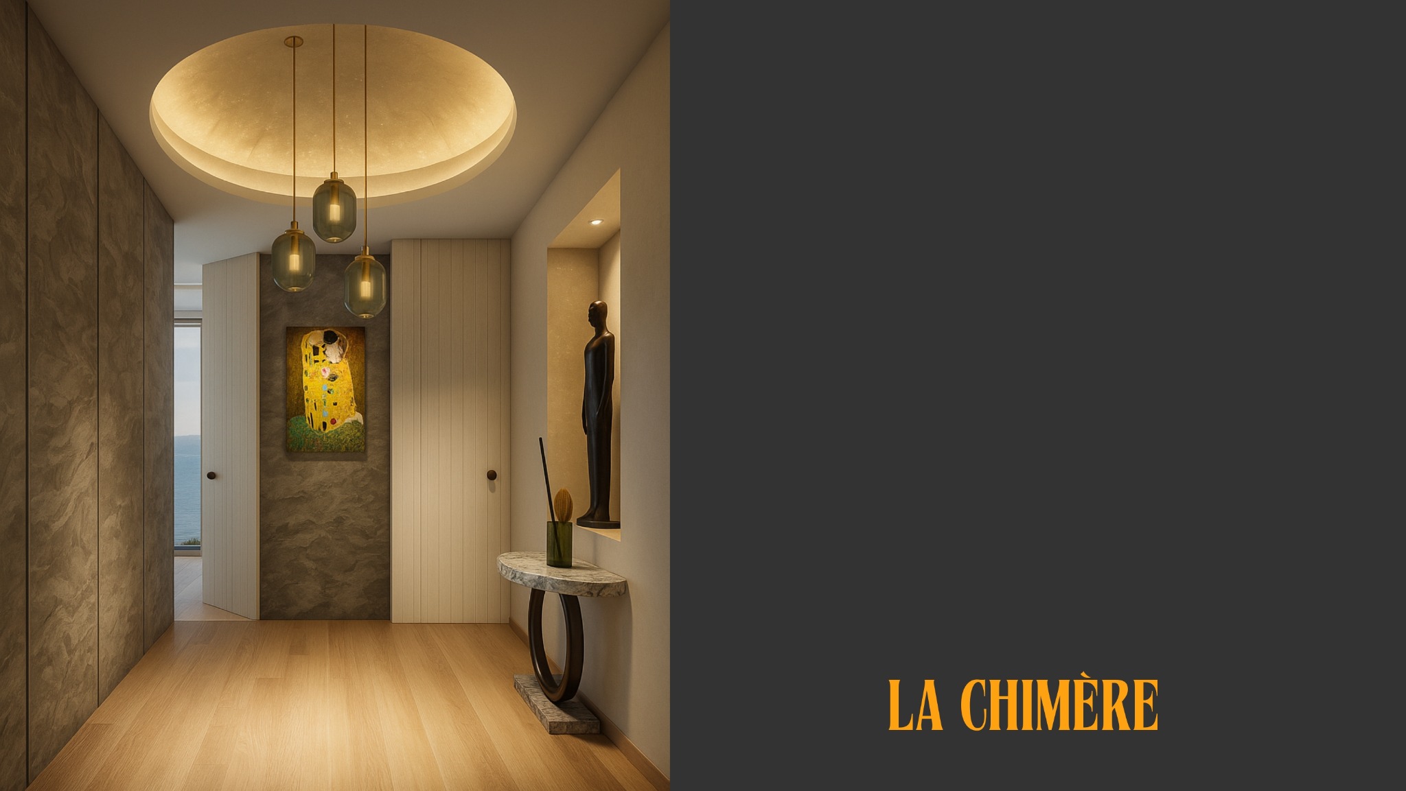 Nowoczesny hol z obrazem Klimta, oświetleniem punktowym i marmurową konsolą. W tle widok na morze. Minimalistyczny design z akcentami artystycznymi.