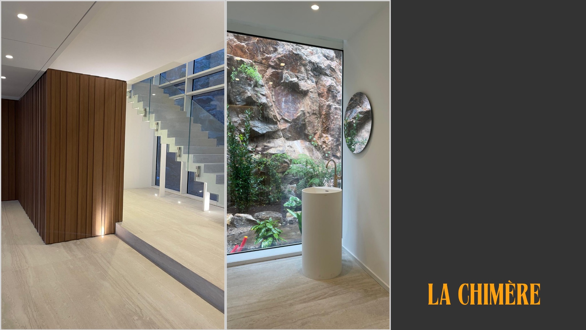 Nowoczesne wnętrze: minimalistyczne schody z szklaną balustradą i designerska łazienka z oknem na skałę. Elementy drewniane i beżowy marmur.