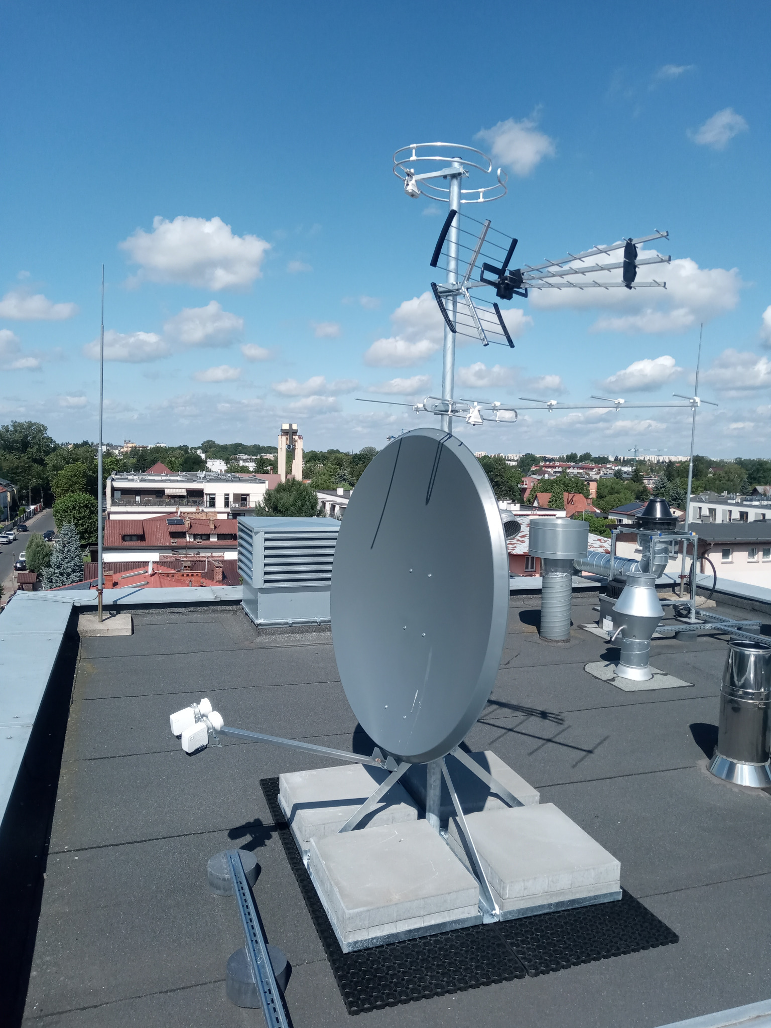 Anteny satelitarne i naziemne na dachu budynku z widokiem na miasto w tle, błękitne niebo z chmurami. Widoczny maszt odgromowy.