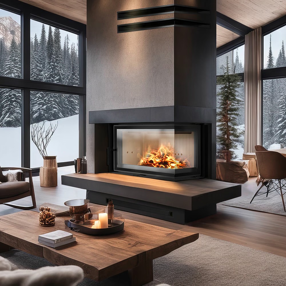 Nowoczesny salon z przeszklonym paleniskiem, płomienie widoczne przez szybę, za oknem zimowy krajobraz.