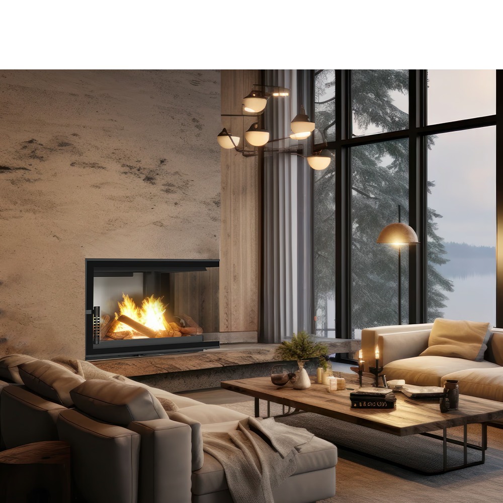 Nowoczesny salon z narożnym paleniskiem i płomieniami, widok na zaśnieżone drzewa za oknem, designerski żyrandol i drewniany stolik kawowy z dekoracjami.