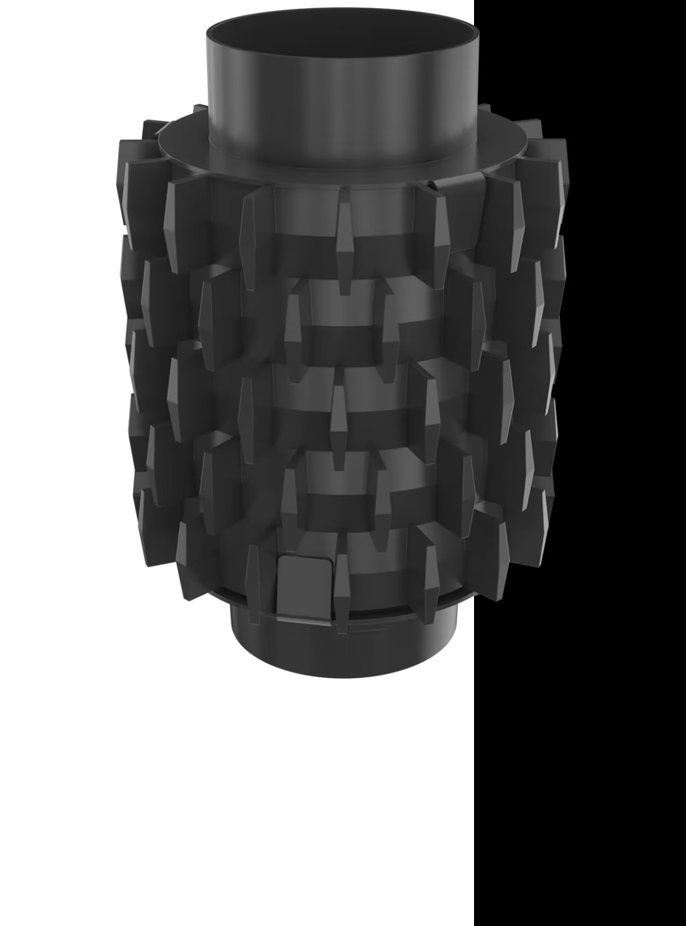 Czarny, cylindryczny element kominka z wypustkami, na białym i czarnym tle, ukazany w perspektywie z dołu.